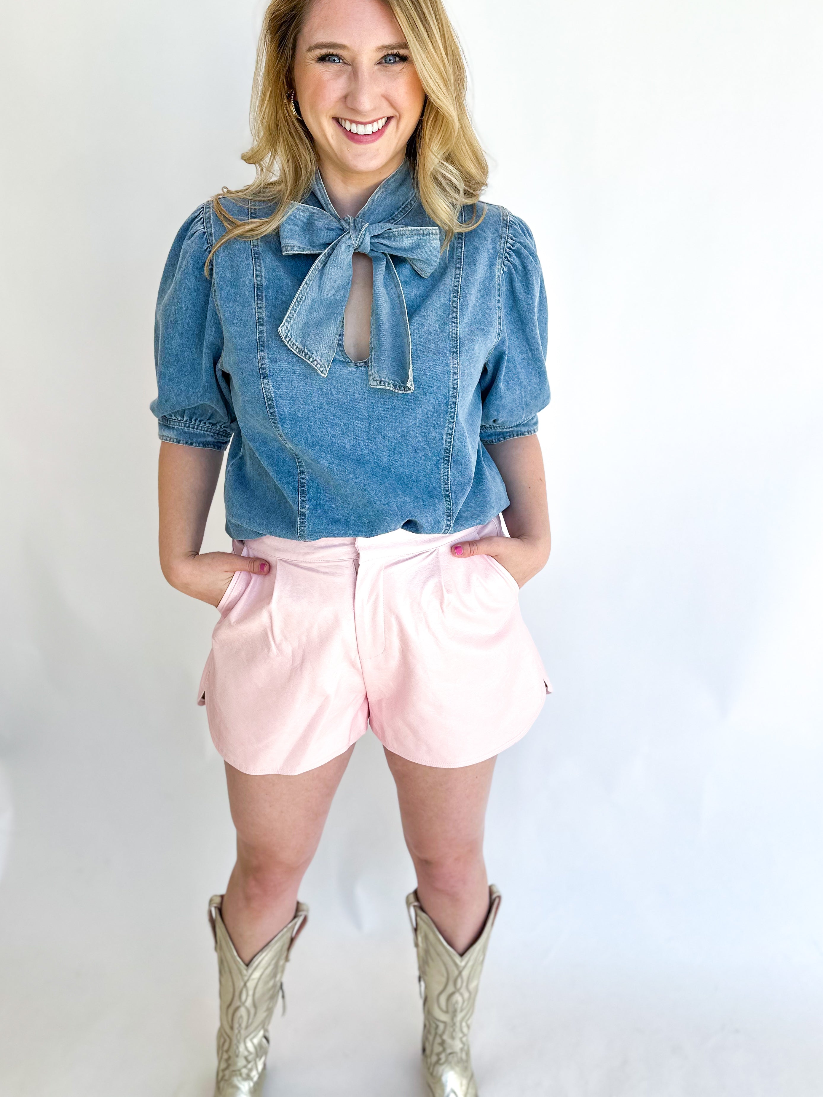 Pastel Pink Faux Leather Shorts-410 Shorts/Skirts-ENTRO-July & June Women's Fashion Boutique Located in San Antonio, Texas