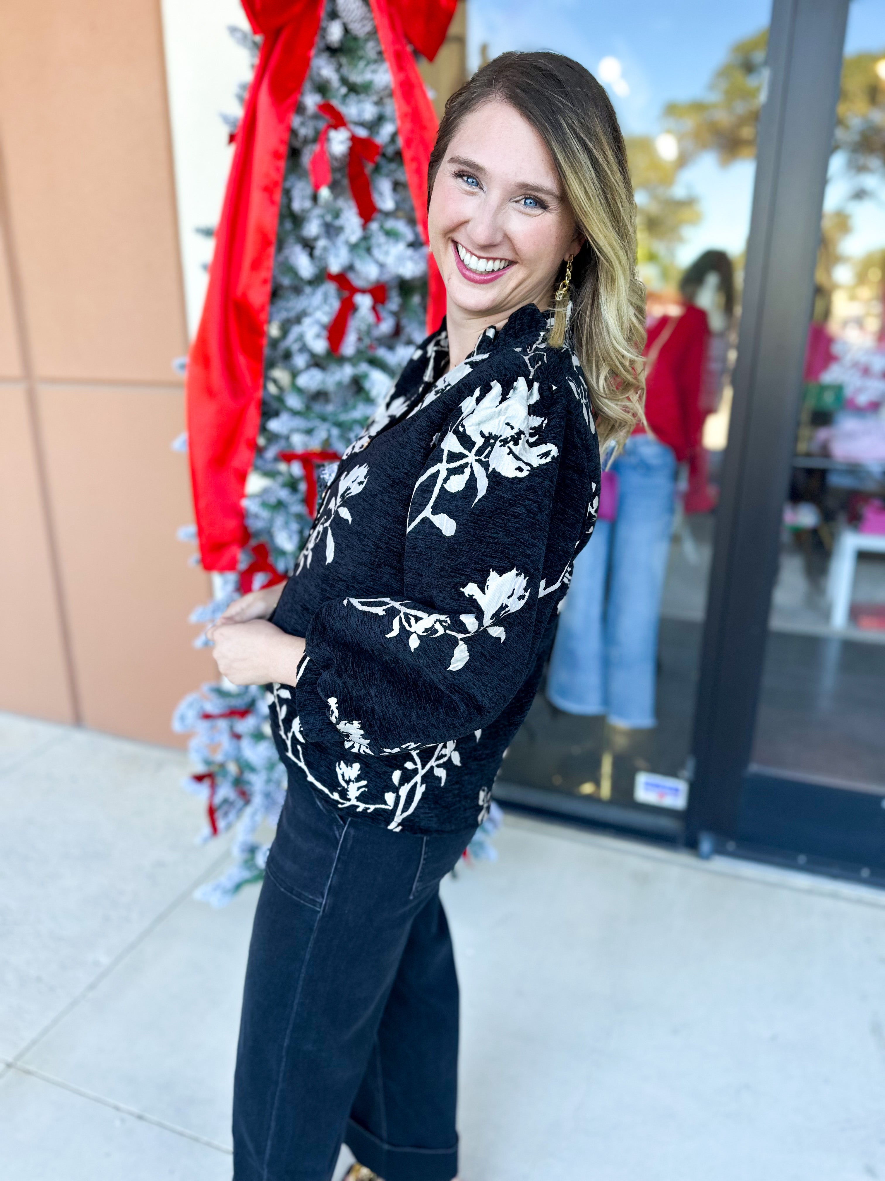 Ivory & Black Floral Blouse-200 Fashion Blouses-JODIFL-July & June Women's Fashion Boutique Located in San Antonio, Texas