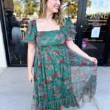 Hunter Green Garden Midi Dress-500 Midi-POLOGRAM-July & June Women's Fashion Boutique Located in San Antonio, Texas