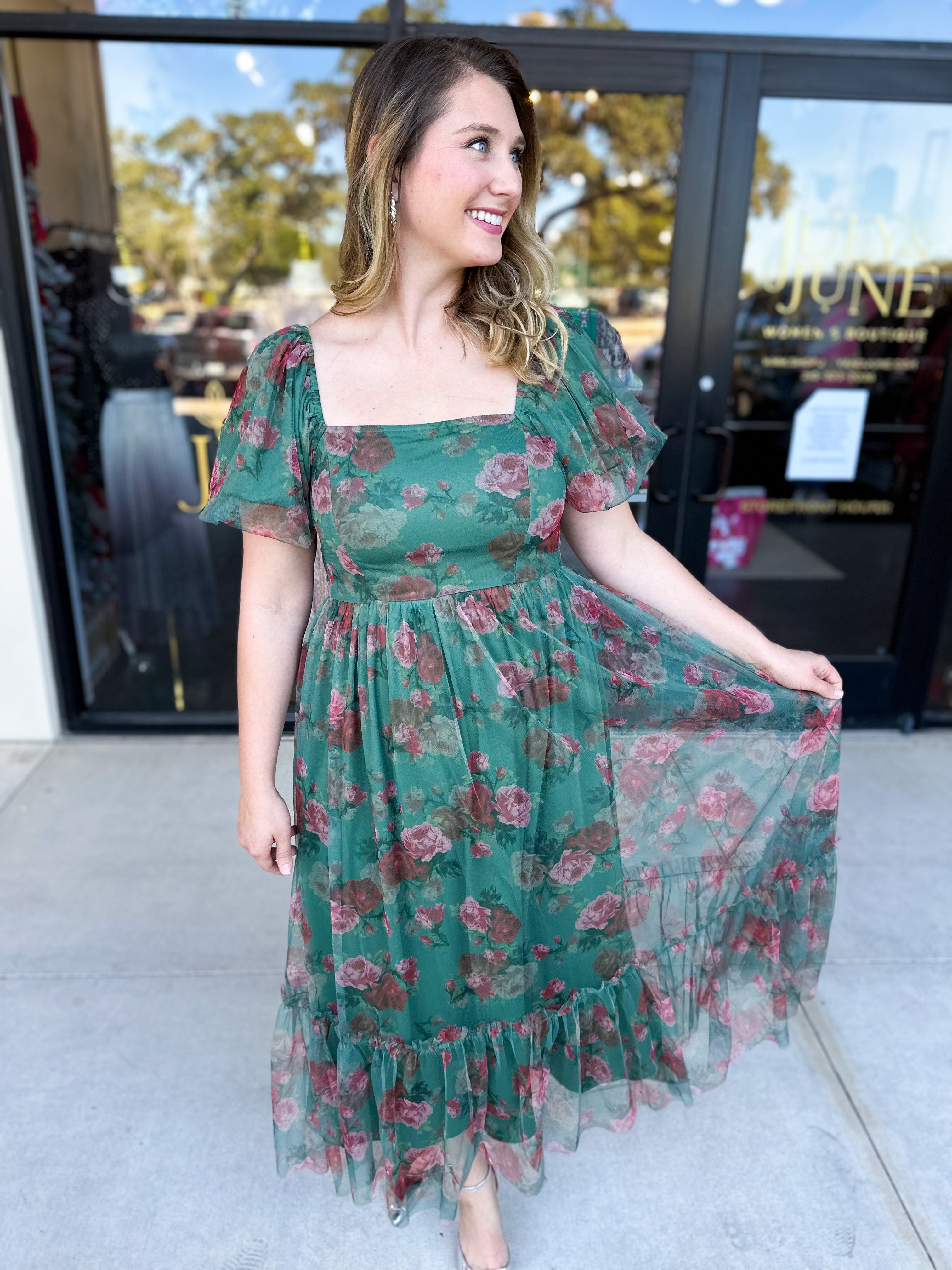 Hunter Green Garden Midi Dress-500 Midi-POLOGRAM-July & June Women's Fashion Boutique Located in San Antonio, Texas