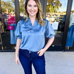Pink Friday Doorbuster - Puff Sleeve Satin Blouse - Slate - IN STORE-PINK FRIDAY DOORBUSTERS-GLAM-July & June Women's Fashion Boutique Located in San Antonio, Texas