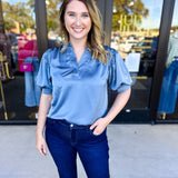 Pink Friday Doorbuster - Puff Sleeve Satin Blouse - Slate - IN STORE-PINK FRIDAY DOORBUSTERS-GLAM-July & June Women's Fashion Boutique Located in San Antonio, Texas