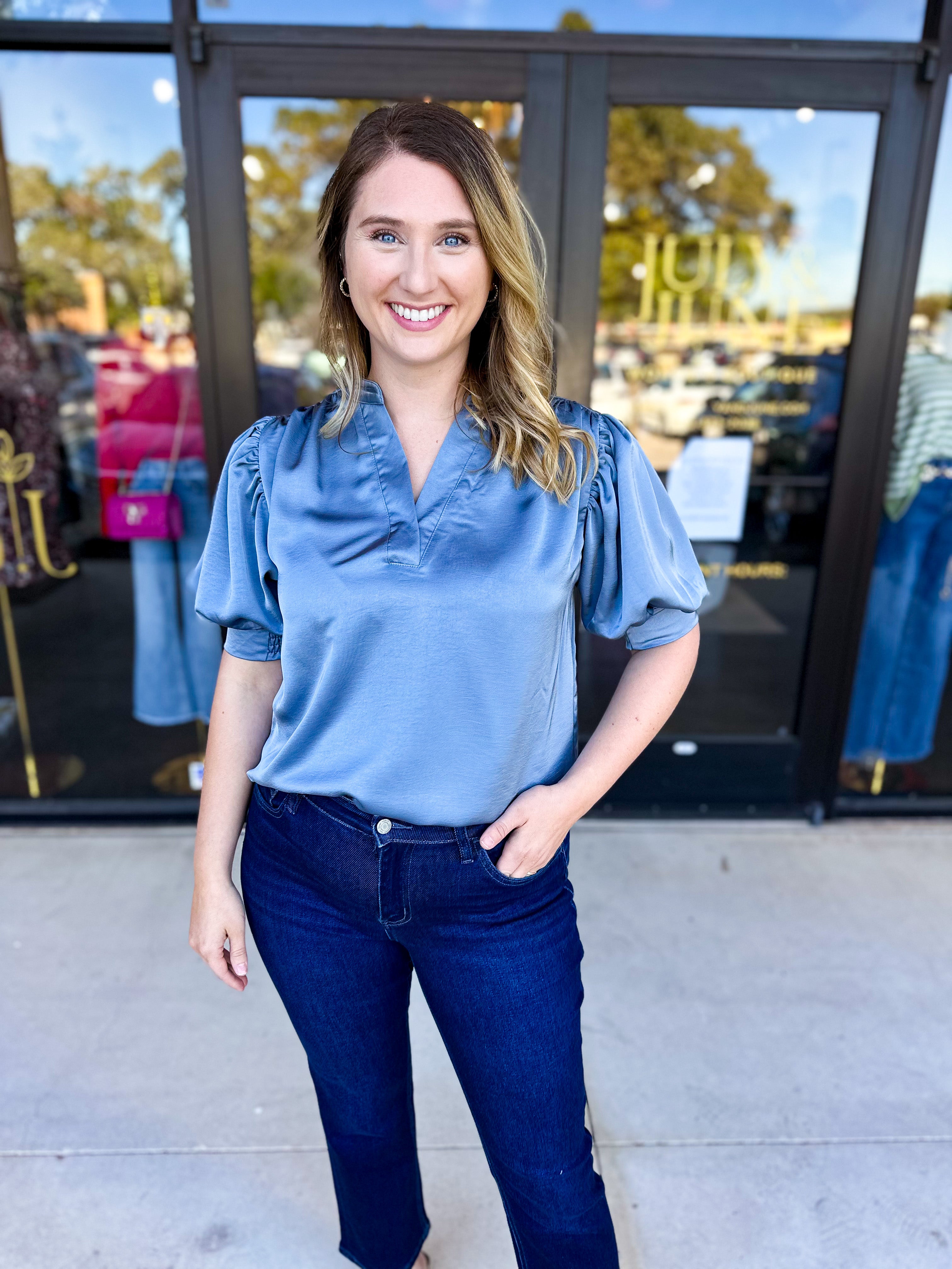 Pink Friday Doorbuster - Puff Sleeve Satin Blouse - Slate - IN STORE-PINK FRIDAY DOORBUSTERS-GLAM-July & June Women's Fashion Boutique Located in San Antonio, Texas