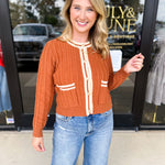 Classic Varsity Rust Cardigan-230 Sweaters/Cardis-ENTRO-July & June Women's Fashion Boutique Located in San Antonio, Texas