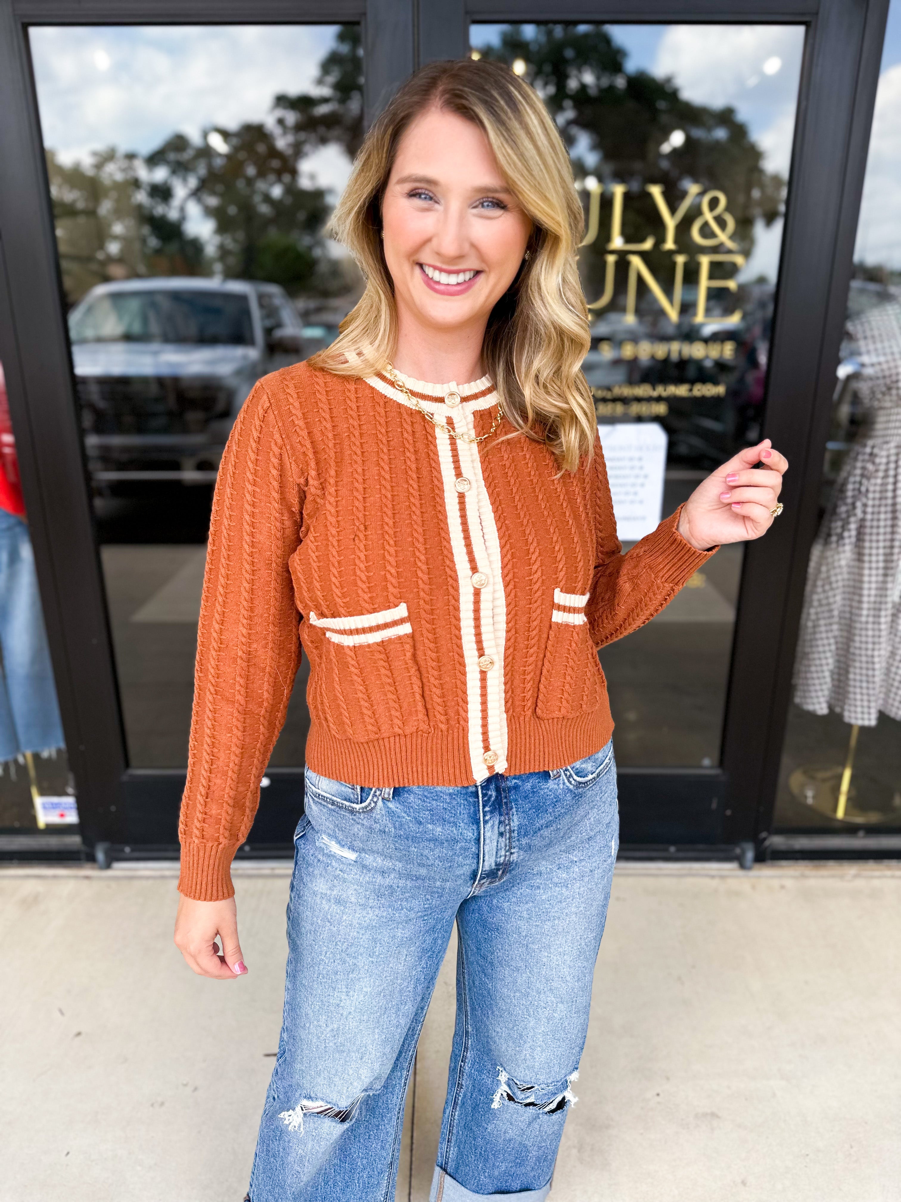 Classic Varsity Rust Cardigan-230 Sweaters/Cardis-ENTRO-July & June Women's Fashion Boutique Located in San Antonio, Texas