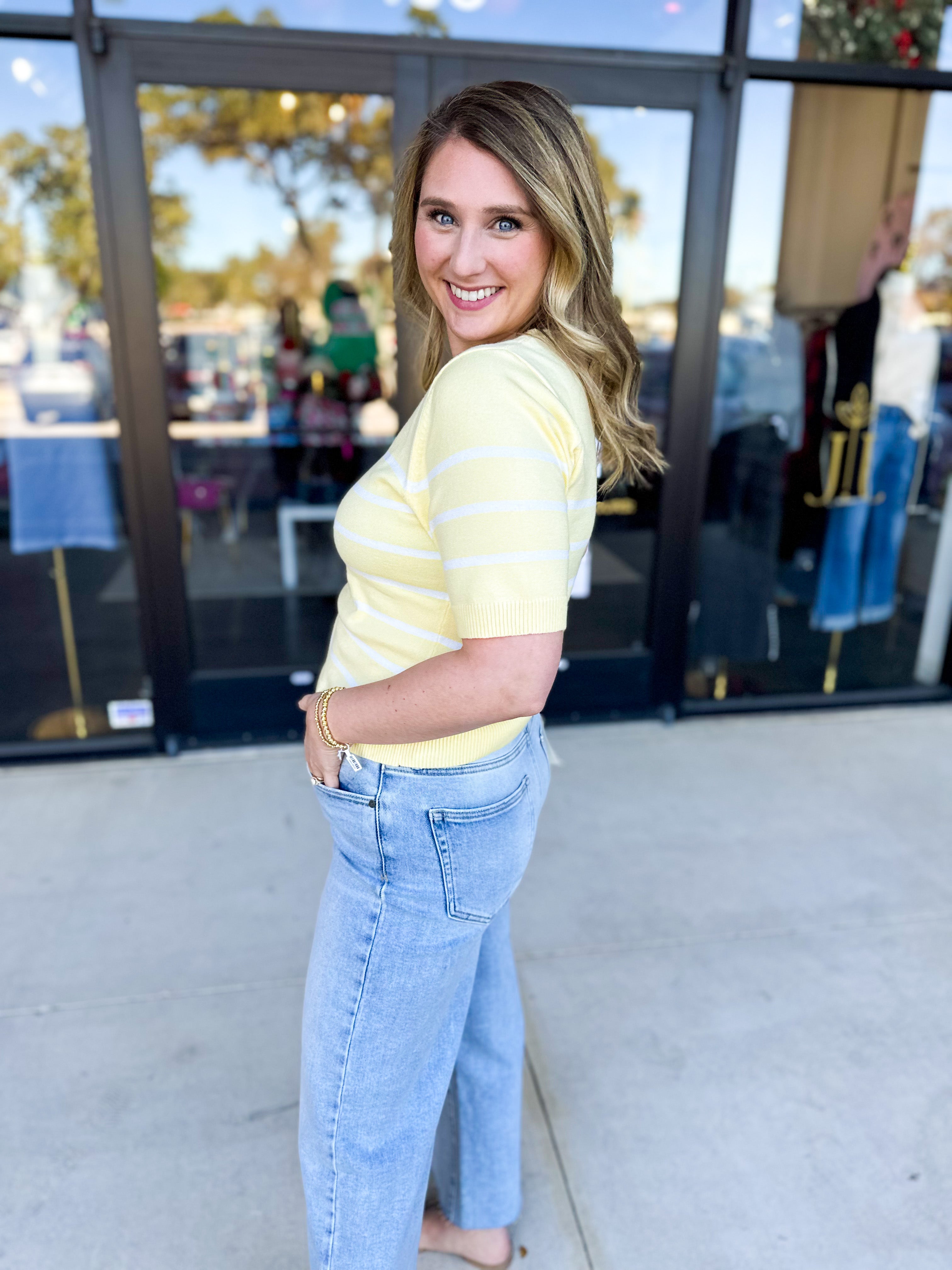Short Sleeve Stripped Sweater Top - Lemon-230 Sweaters/Cardis-ALLIE ROSE-July & June Women's Fashion Boutique Located in San Antonio, Texas