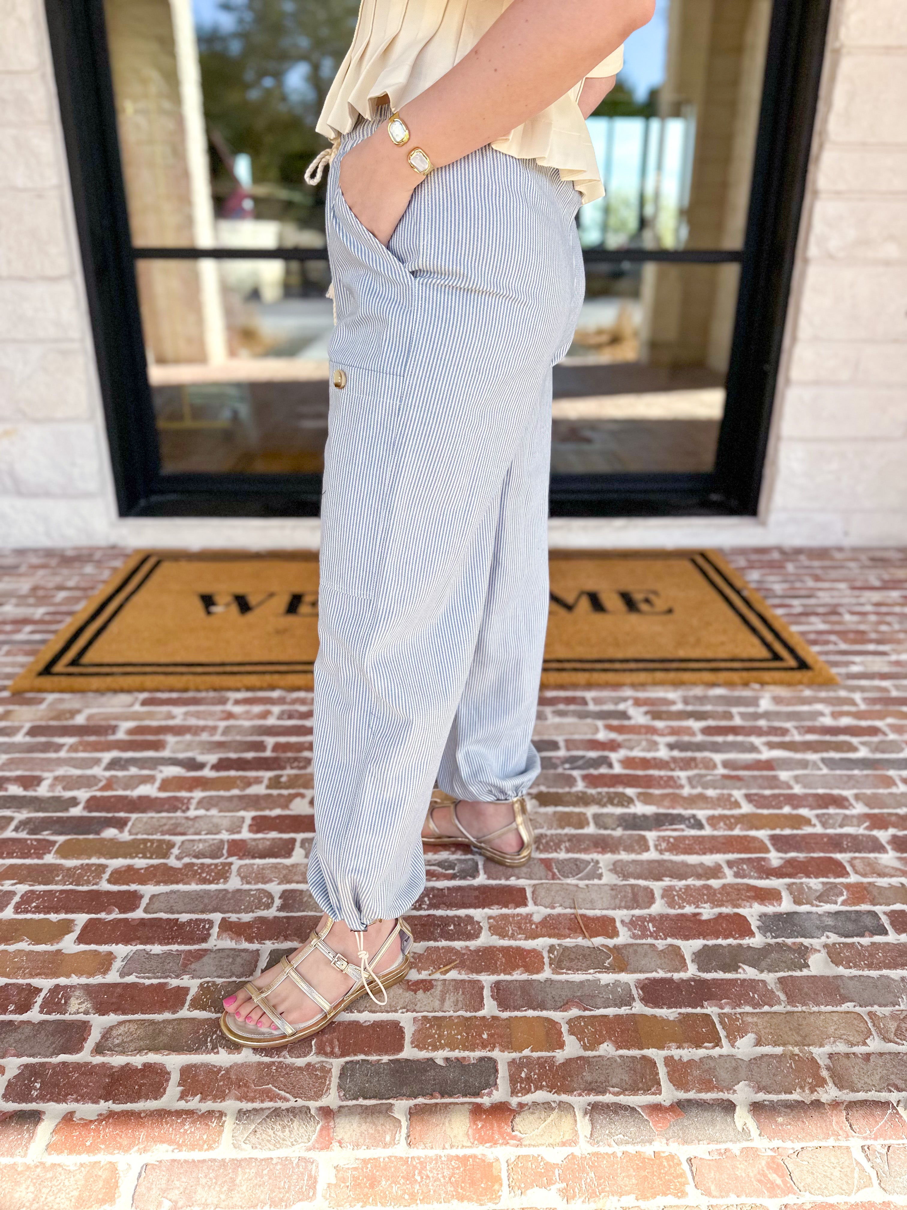 Striped Twill Elastic Barrel Pants-400 Pants-ALLIE ROSE-July & June Women's Fashion Boutique Located in San Antonio, Texas