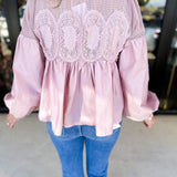 The Lace Details Blouse Long Sleeve - Blush-200 Fashion Blouses-FATE-July & June Women's Fashion Boutique Located in San Antonio, Texas