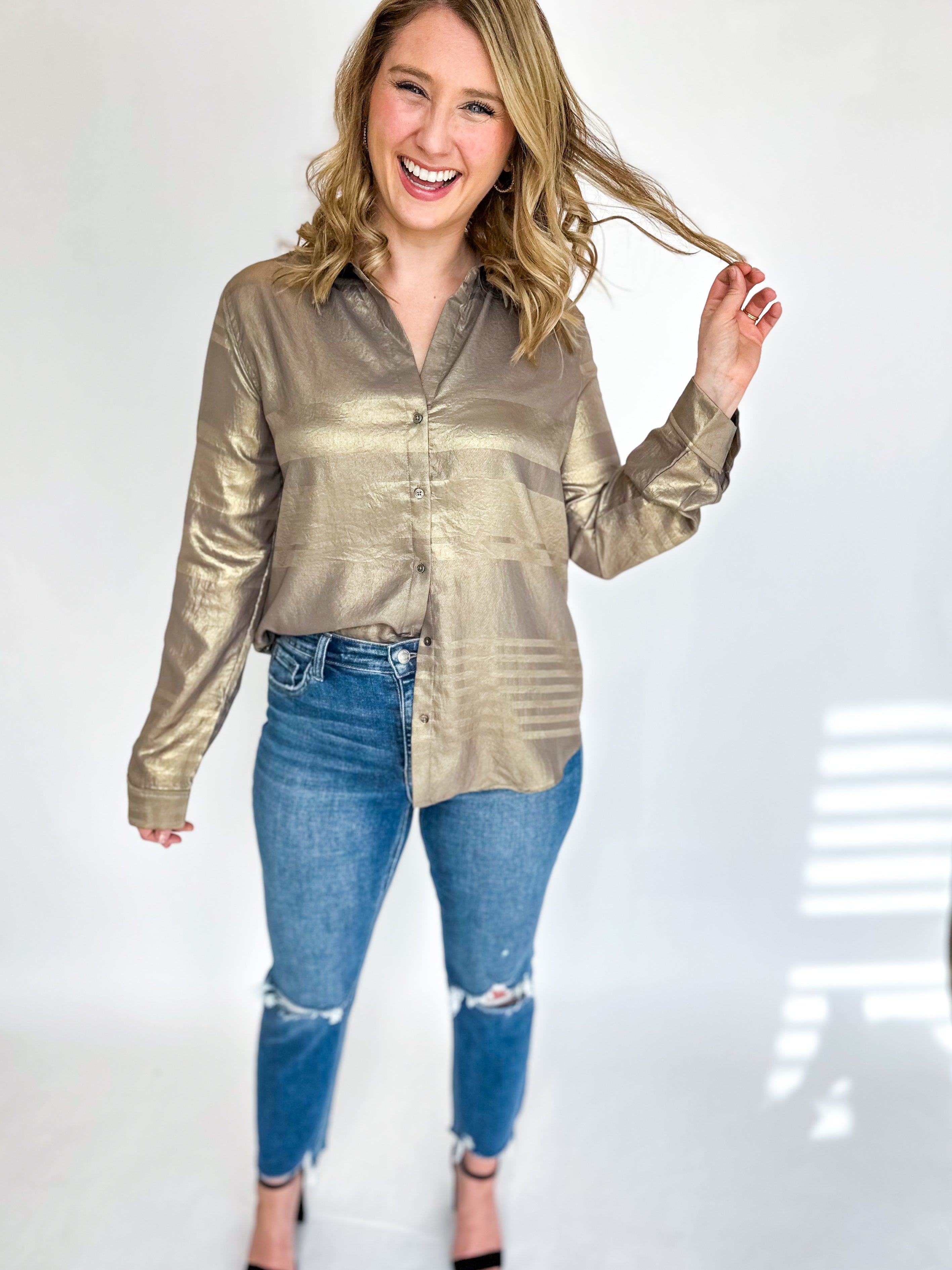 Be Present Blouse - Gold-200 Fashion Blouses-CURRENT AIR CLOTHING-July & June Women's Fashion Boutique Located in San Antonio, Texas