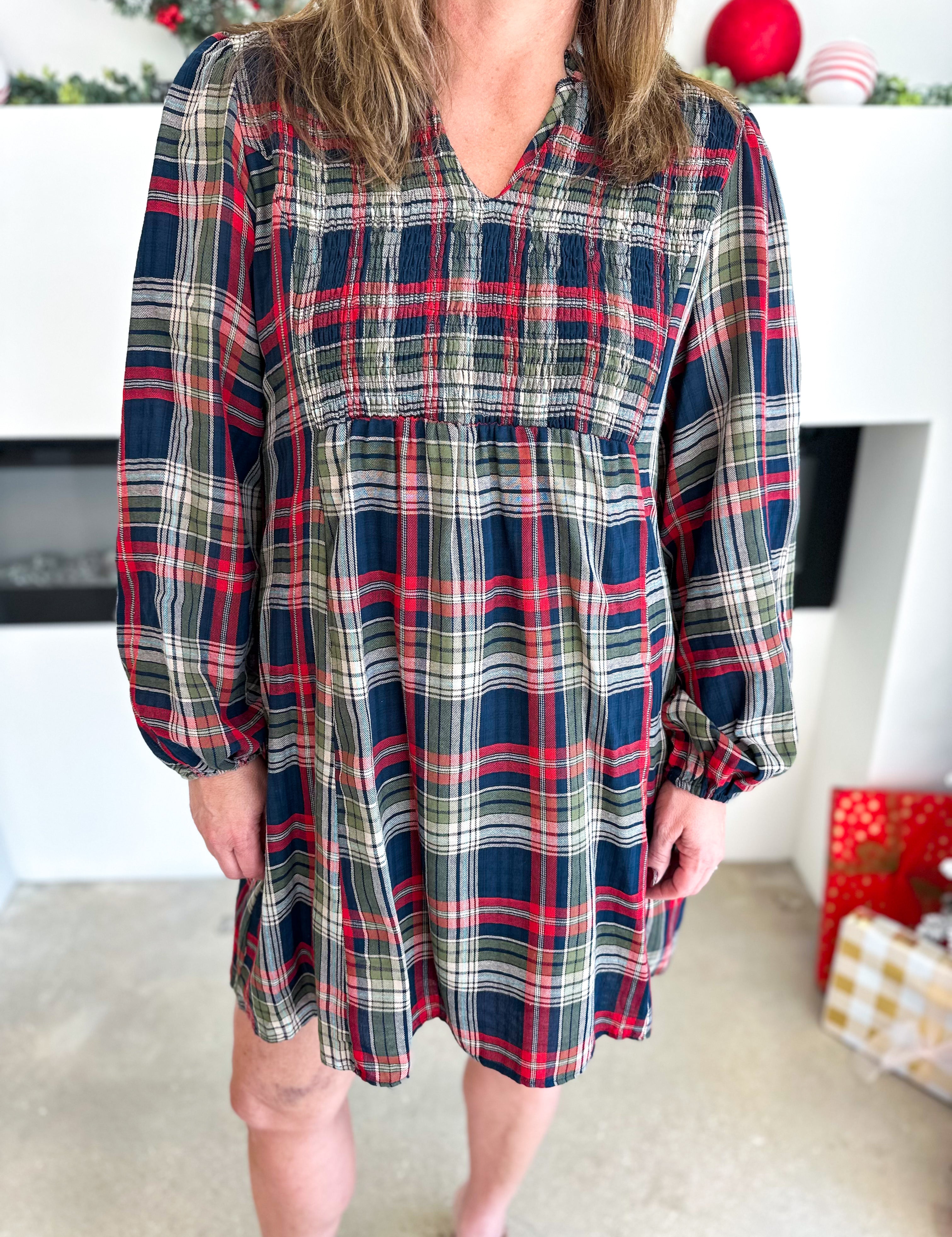 Tartan Collared Swing Mini Dress - Navy-510 Mini-JODIFL-July & June Women's Fashion Boutique Located in San Antonio, Texas