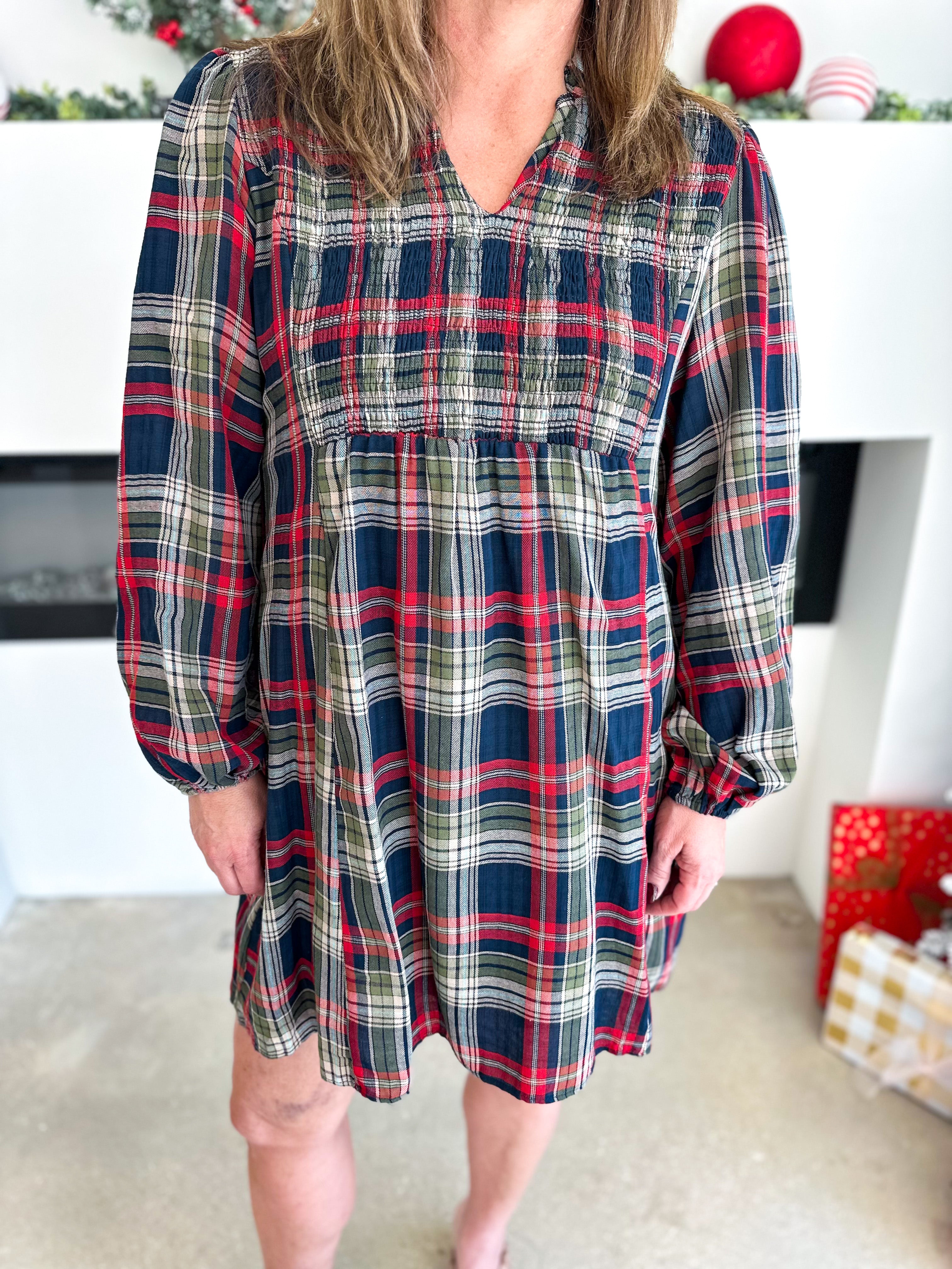 Tartan Collared Swing Mini Dress - Navy-510 Mini-JODIFL-July & June Women's Fashion Boutique Located in San Antonio, Texas