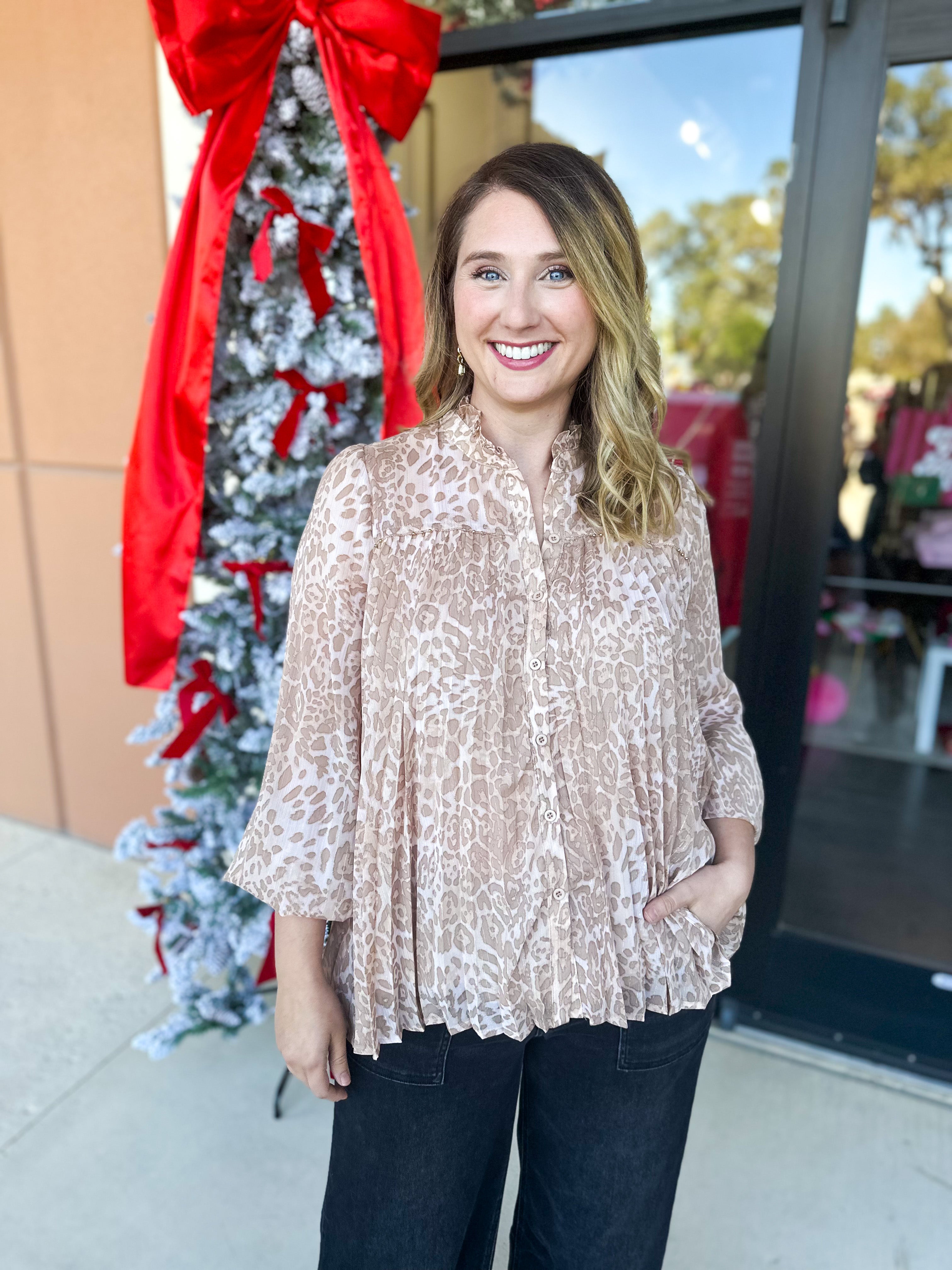 Champagne Cheetah Blouse-200 Fashion Blouses-FATE-July & June Women's Fashion Boutique Located in San Antonio, Texas