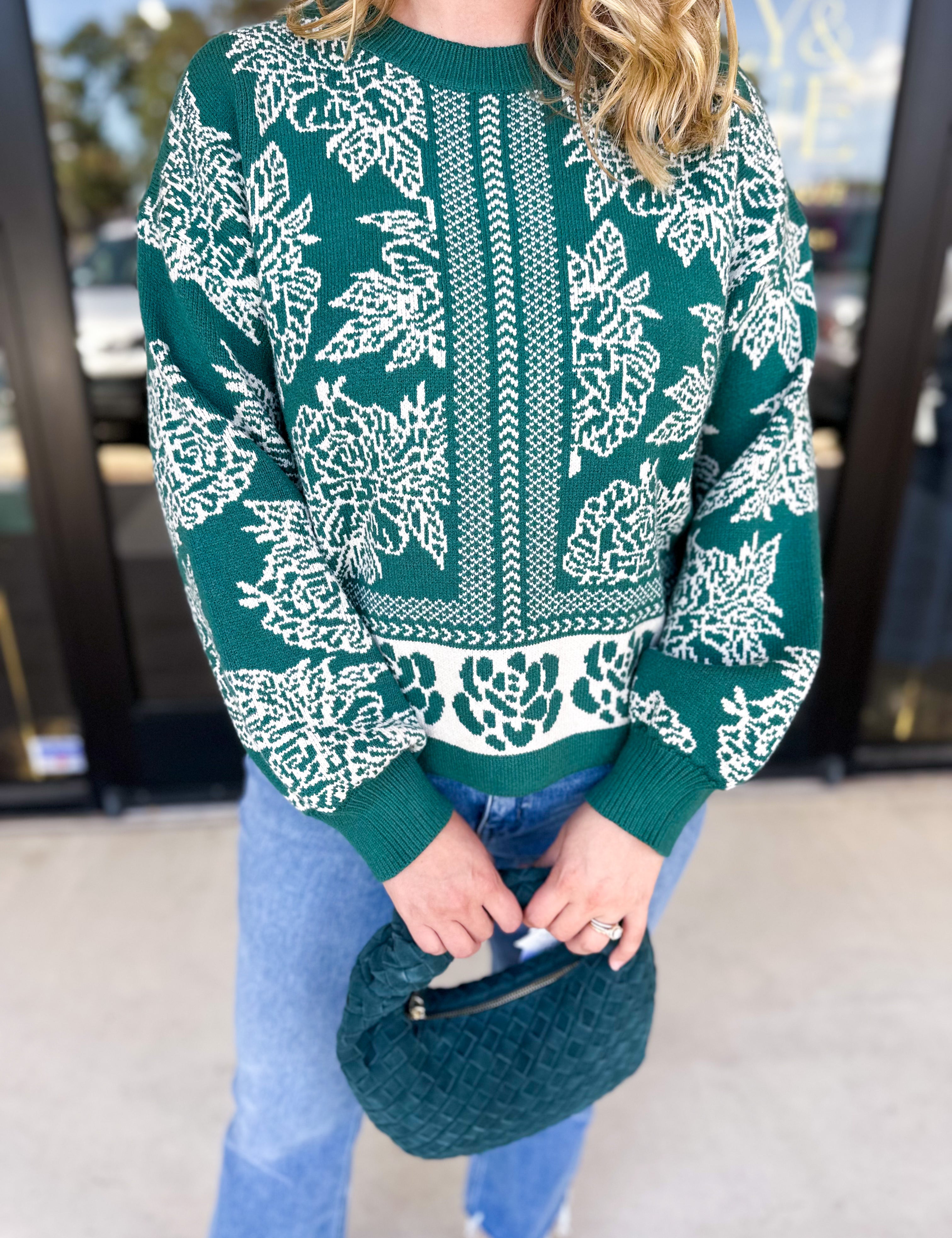 Pine Green Floral Sweater-230 Sweaters/Cardis-ENTRO-July & June Women's Fashion Boutique Located in San Antonio, Texas