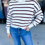 Ivory & Burgundy Sweater Top-230 Sweaters/Cardis-SKIES ARE BLUE-July & June Women's Fashion Boutique Located in San Antonio, Texas