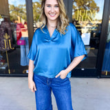 Pink Friday Doorbuster - Classic Satin Blouse - Blue - ONLINE-PINK FRIDAY DOORBUSTERS-GLAM-July & June Women's Fashion Boutique Located in San Antonio, Texas