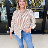 Casual Cute Button Down Blouse - Brown-200 Fashion Blouses-ENTRO-July & June Women's Fashion Boutique Located in San Antonio, Texas