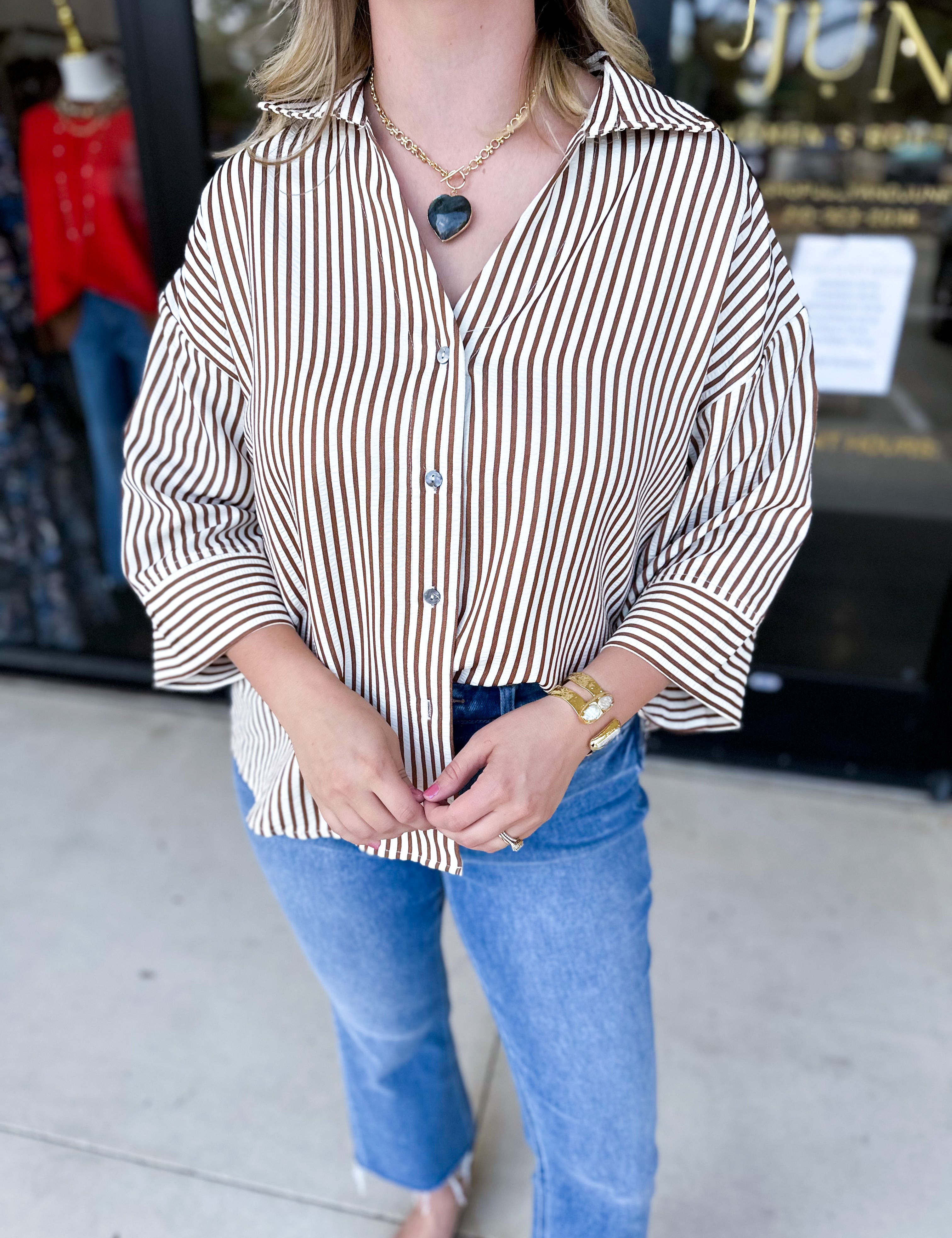 Chic Stripe Blouse - Brown-200 Fashion Blouses-ENTRO-July & June Women's Fashion Boutique Located in San Antonio, Texas