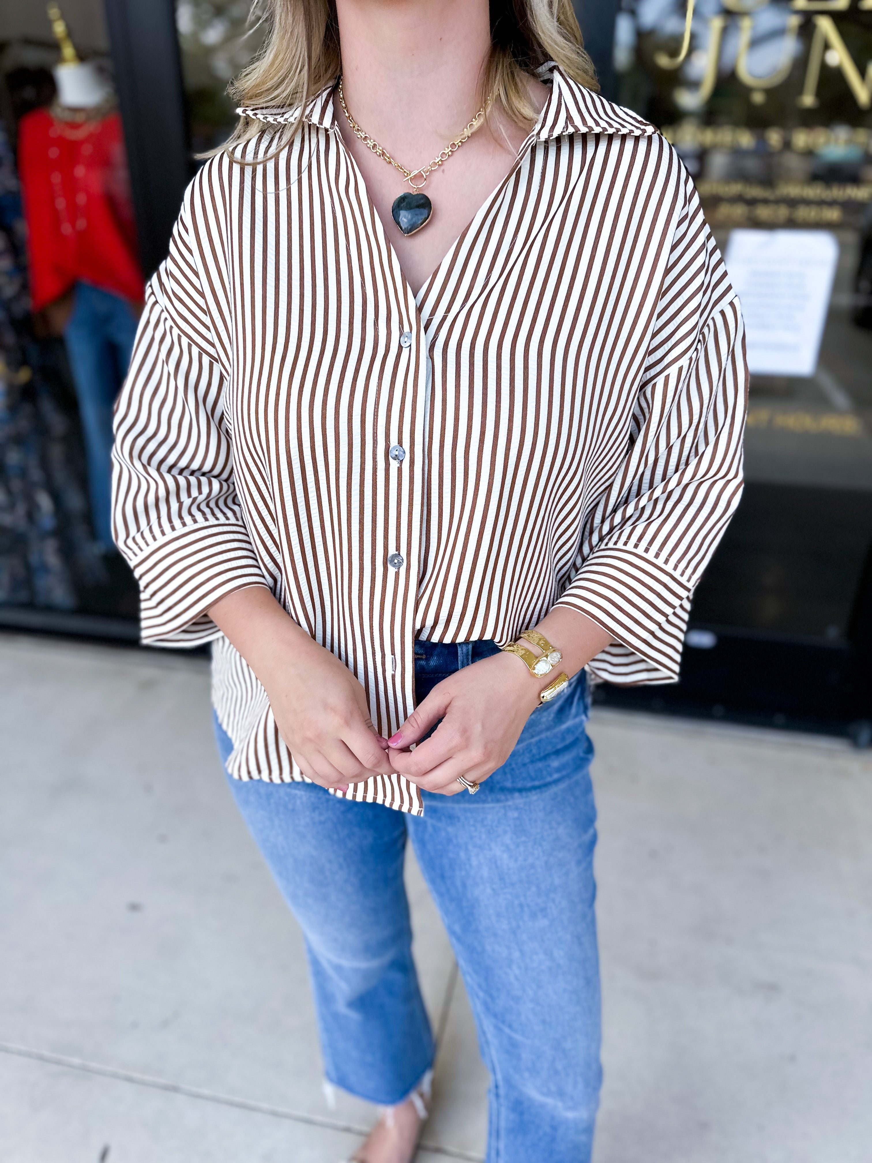 Chic Stripe Blouse - Brown-200 Fashion Blouses-ENTRO-July & June Women's Fashion Boutique Located in San Antonio, Texas