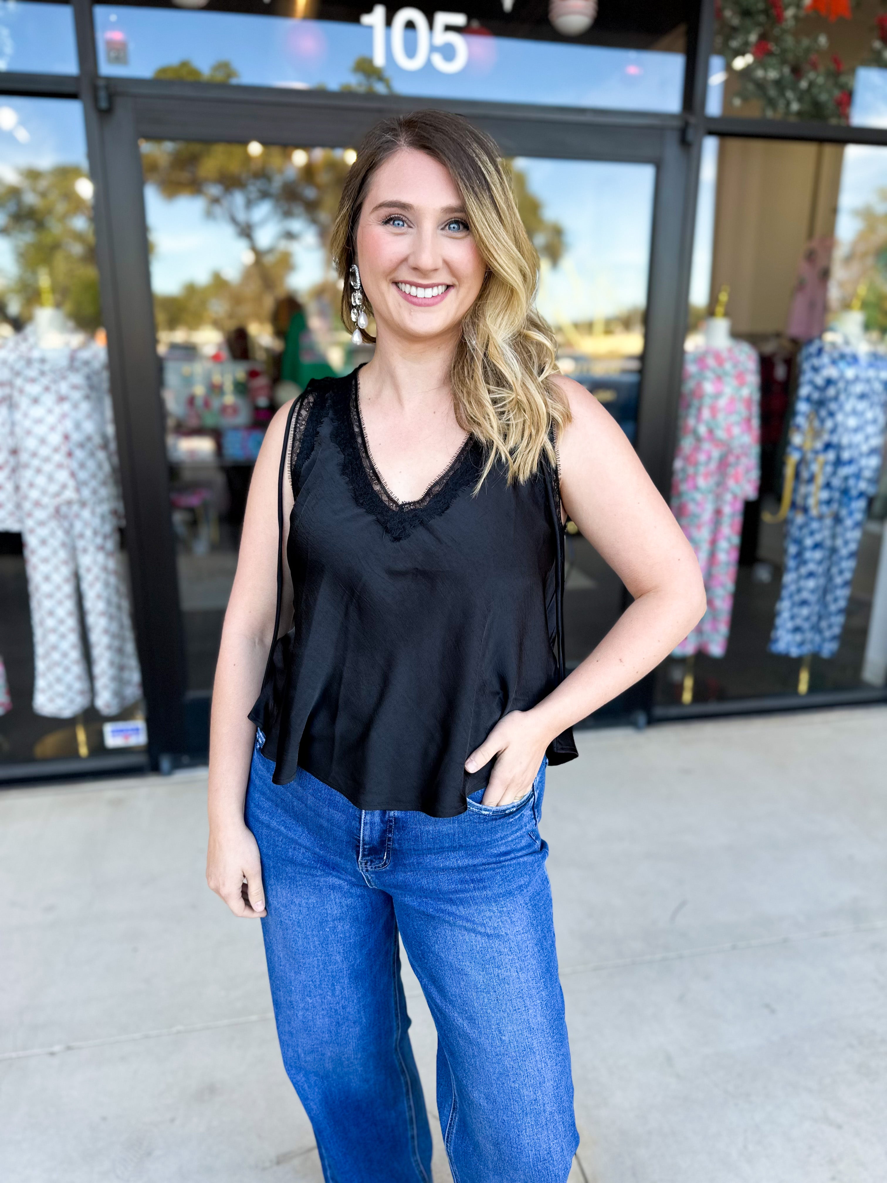 V-Neck Lacy Cami-200 Fashion Blouses-SKIES ARE BLUE-July & June Women's Fashion Boutique Located in San Antonio, Texas