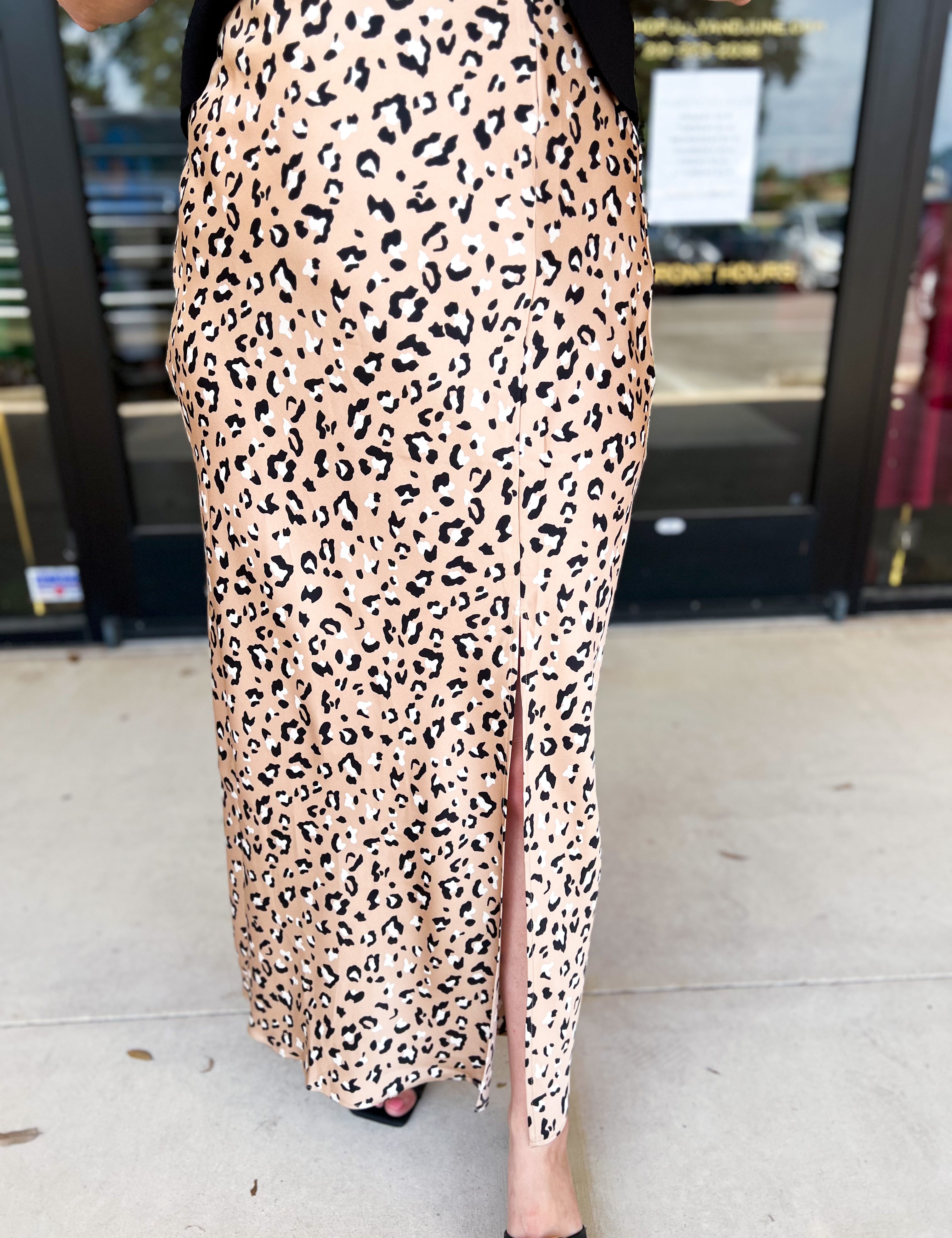 Cheetah Satin Midi Skirt-410 Shorts/Skirts-SKIES ARE BLUE-July & June Women's Fashion Boutique Located in San Antonio, Texas