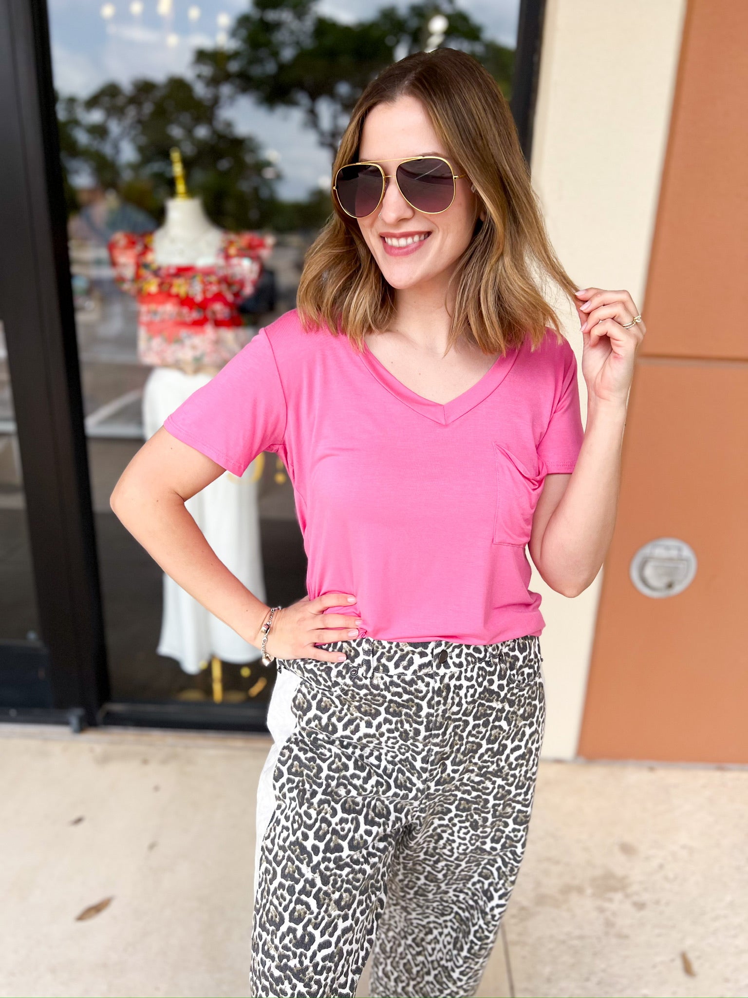 Essential V-Neck Tee - Bubblegum Pink-210 Casual Blouses-ADRIENNE-July & June Women's Fashion Boutique Located in San Antonio, Texas