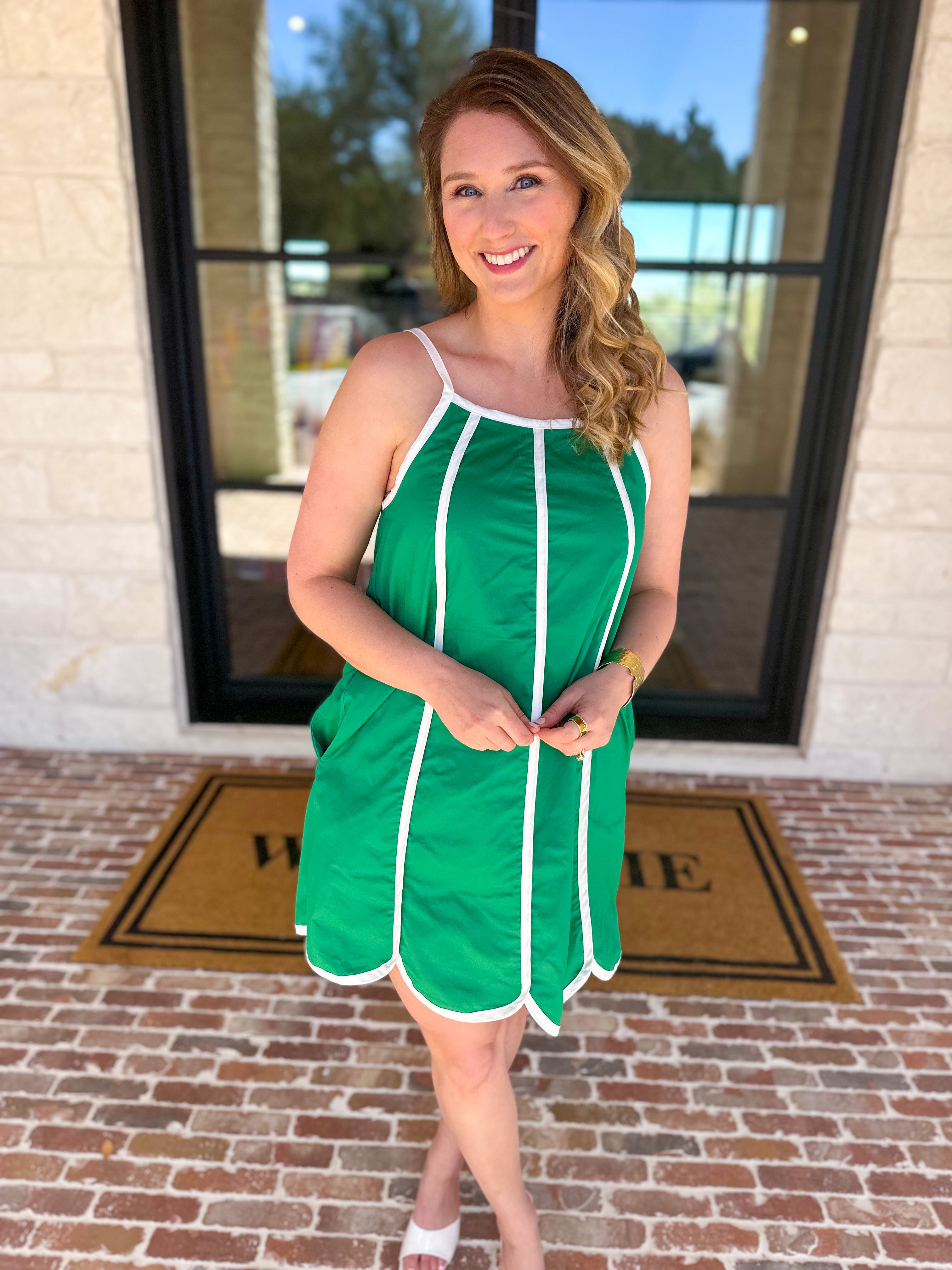 Kelly Green Scalloped Mini Dress-510 Mini-TCEC-July & June Women's Fashion Boutique Located in San Antonio, Texas
