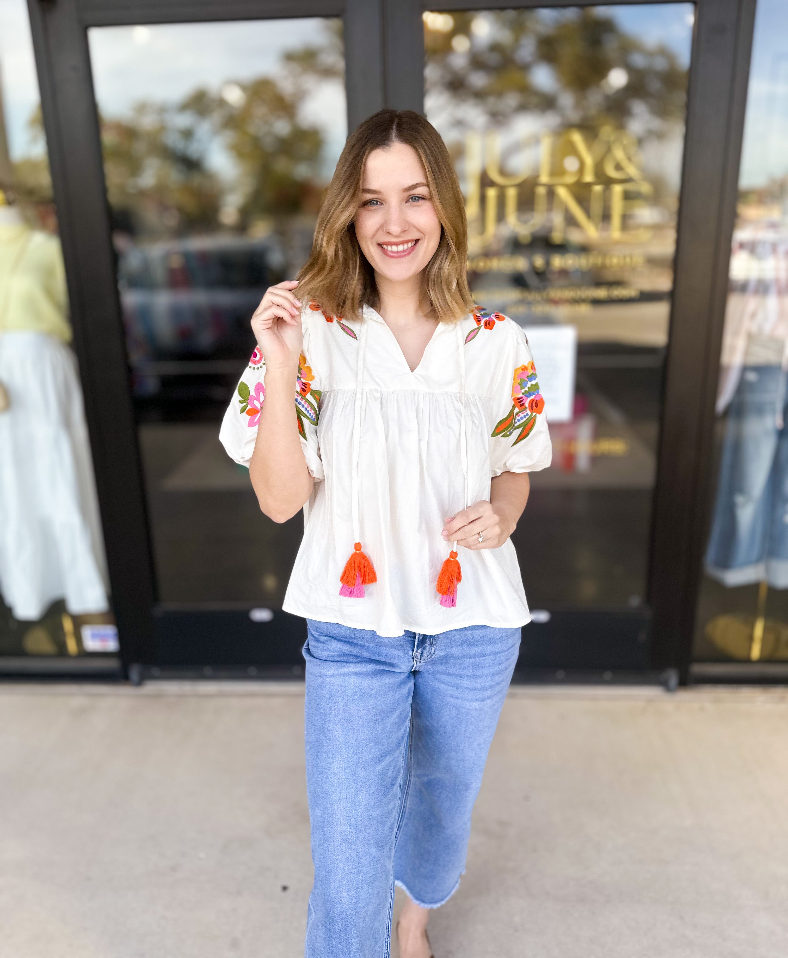 THML - Classic Ivory Embroidered Blouse-200 Fashion Blouses-THML-July & June Women's Fashion Boutique Located in San Antonio, Texas
