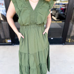 THML - Gather Midi Dress - Olive-500 Midi-THML-July & June Women's Fashion Boutique Located in San Antonio, Texas