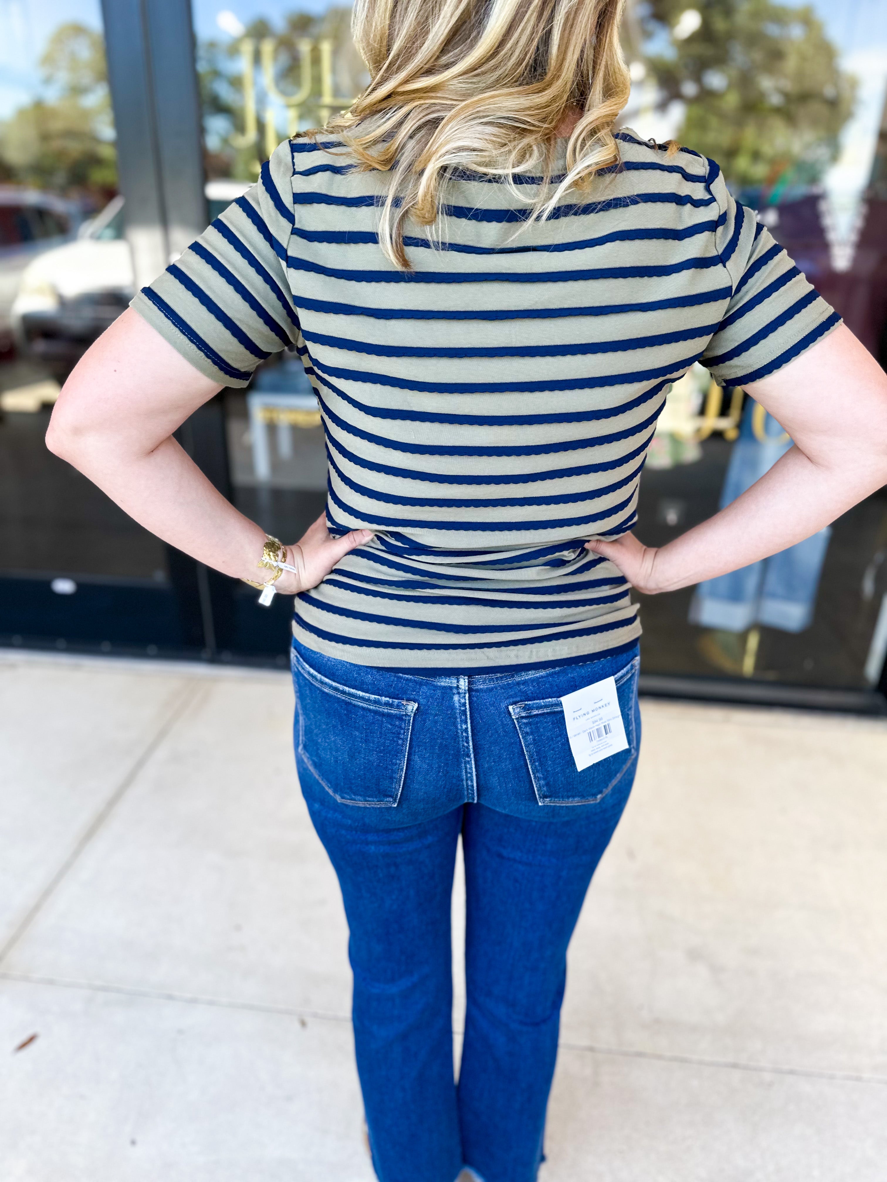 Striped Round Neck Tee - Olive-210 Casual Blouses-POLOGRAM-July & June Women's Fashion Boutique Located in San Antonio, Texas