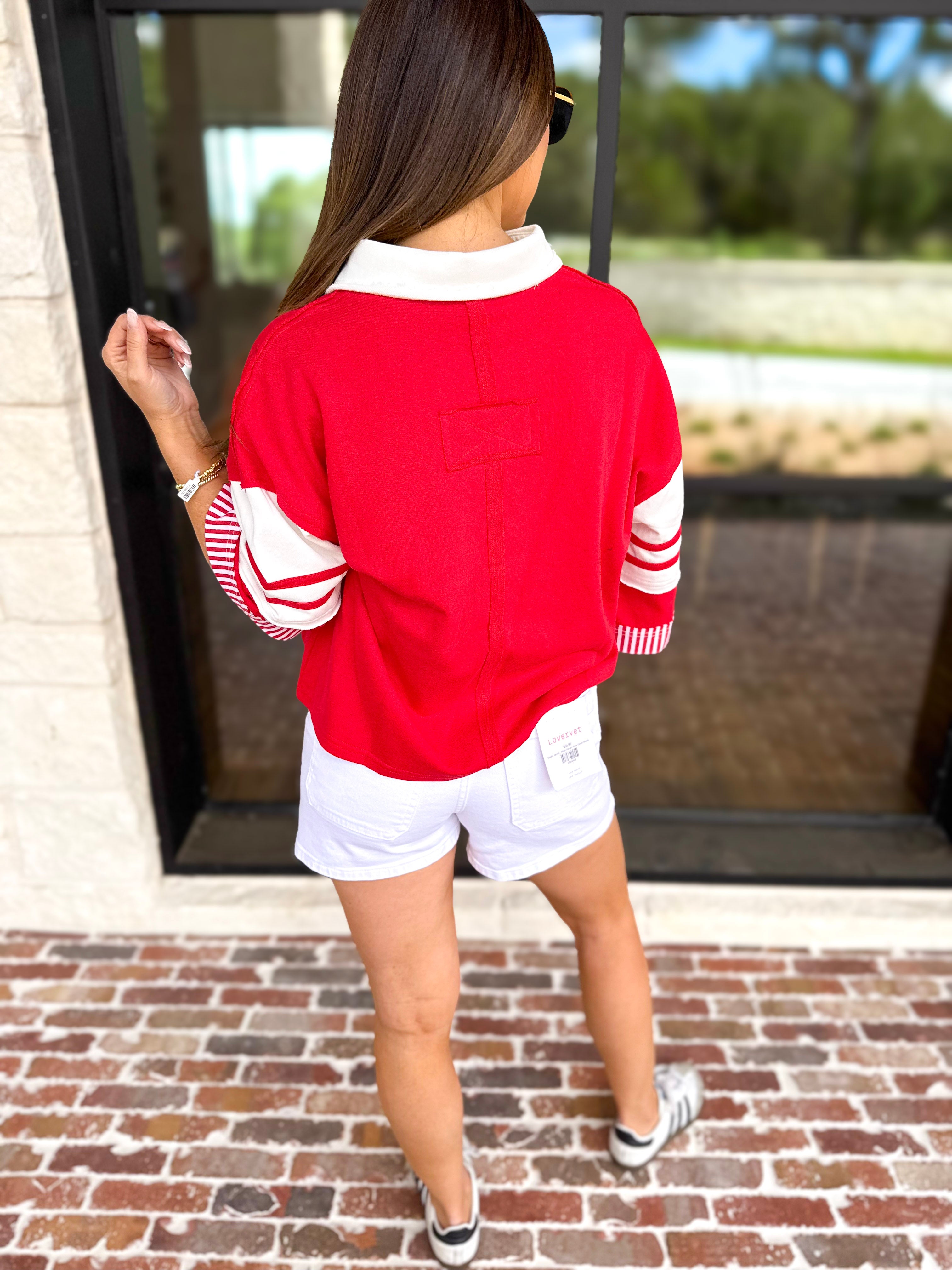 Cool Girl Oversized Polo Top - Red-210 Casual Blouses-JODIFL-July & June Women's Fashion Boutique Located in San Antonio, Texas