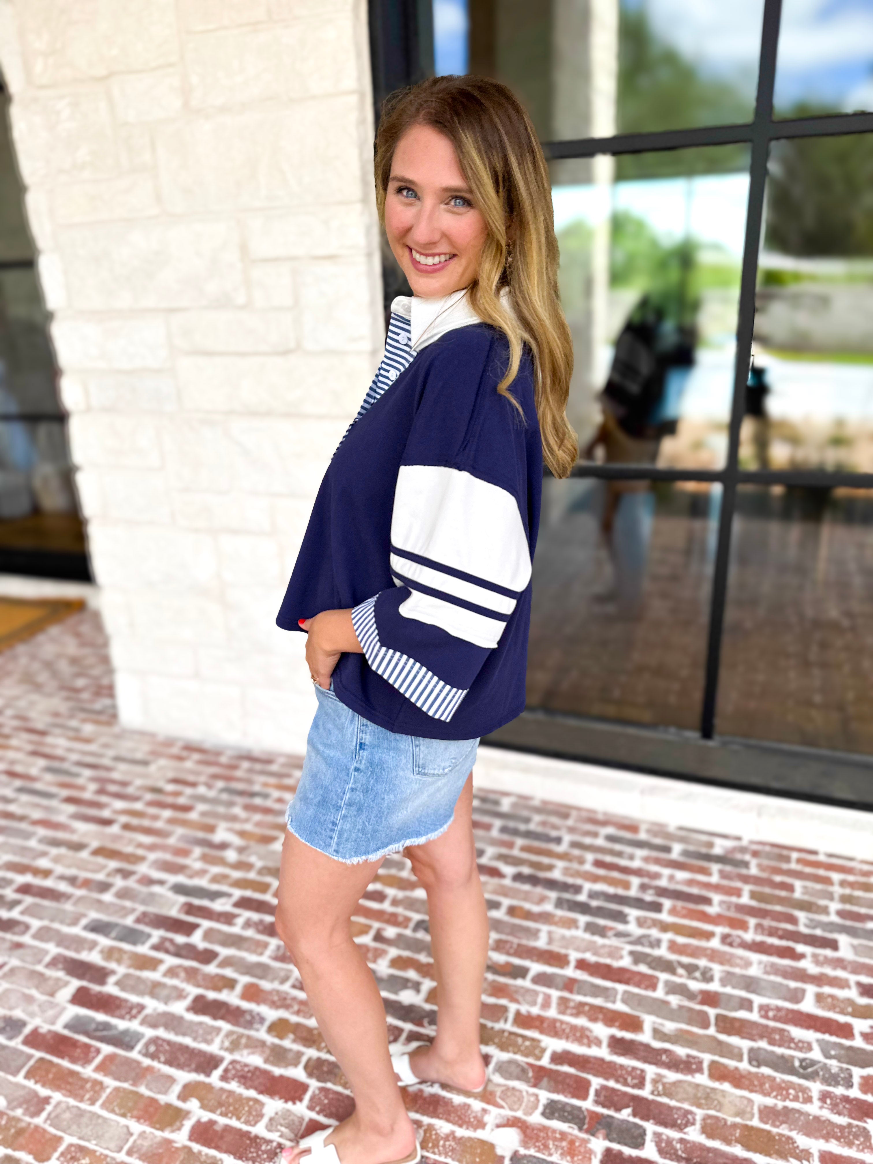 Cool Girl Oversized Polo Top - Navy-210 Casual Blouses-JODIFL-July & June Women's Fashion Boutique Located in San Antonio, Texas