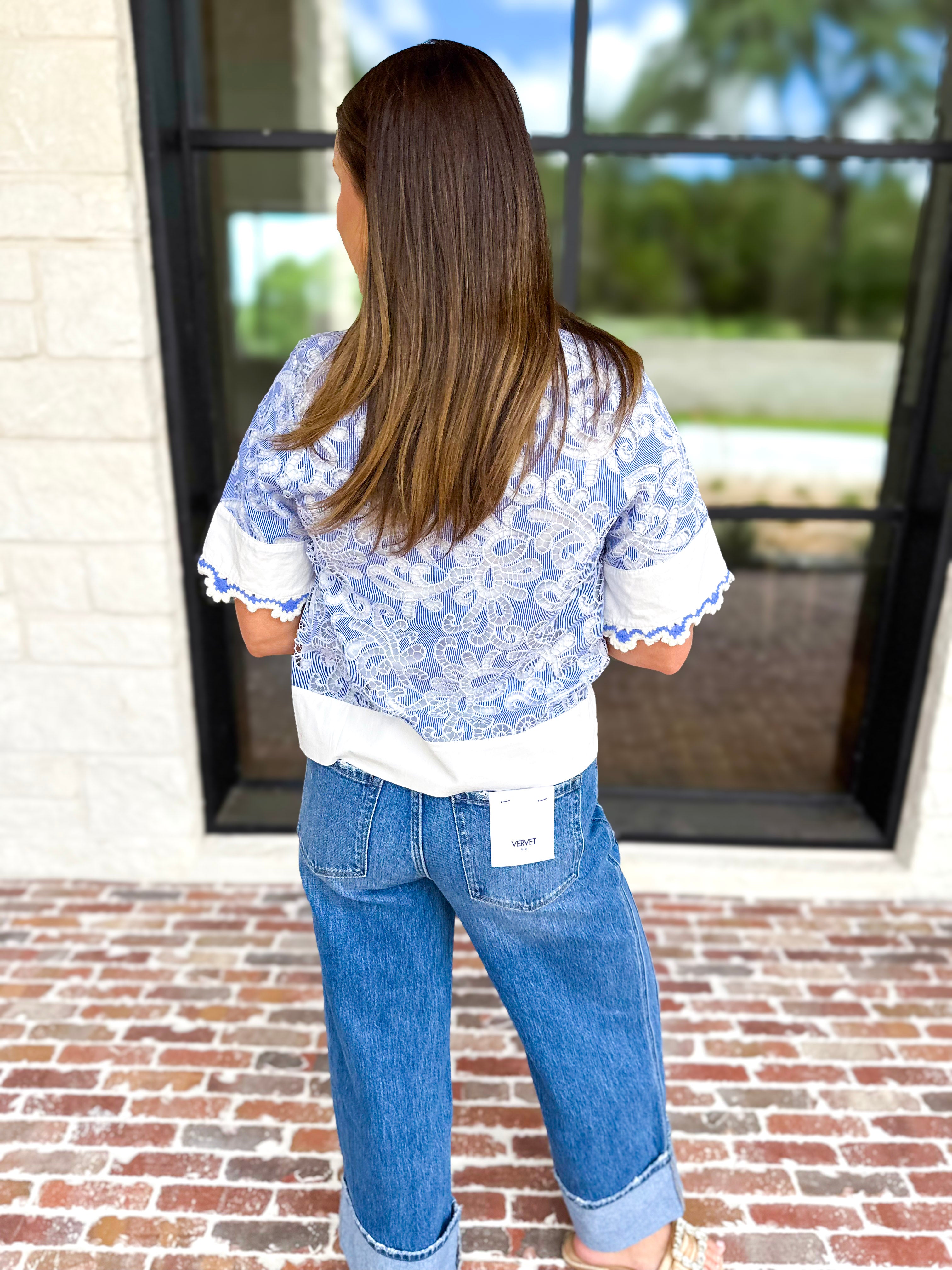 THML - Blue & Ivory Crochet Blouse-200 Fashion Blouses-THML-July & June Women's Fashion Boutique Located in San Antonio, Texas