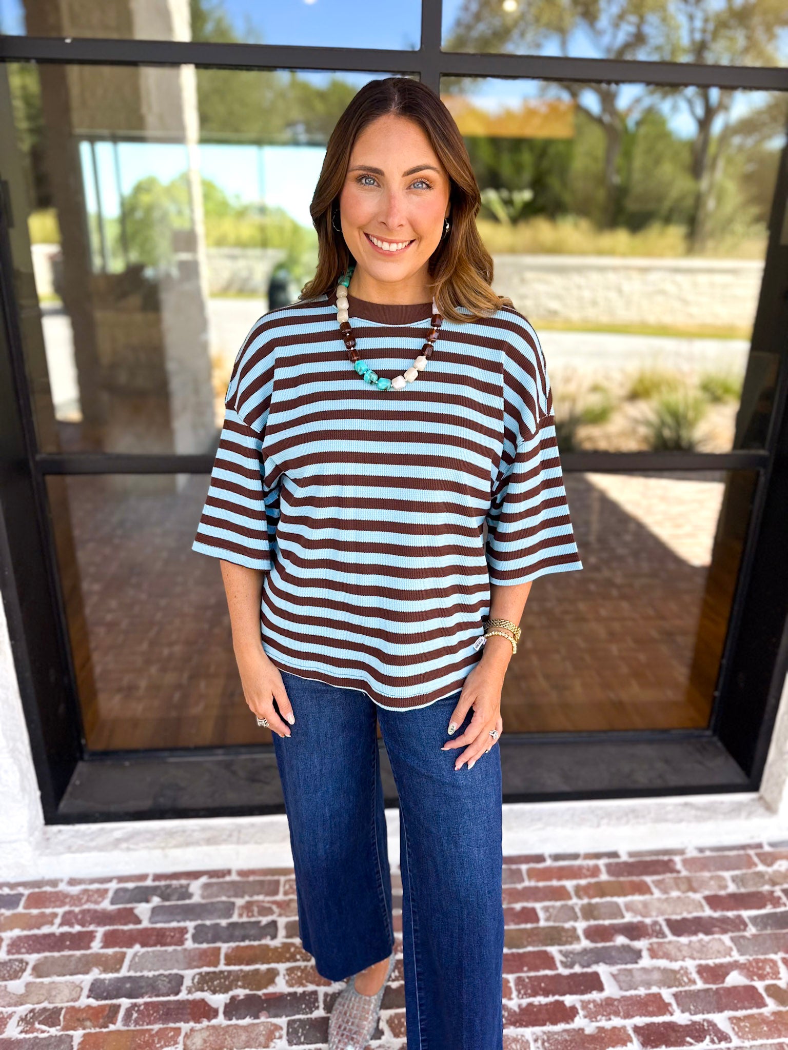 The Coffee Run Tee - Blue Mocha-210 Casual Blouses-ENTRO-July & June Women's Fashion Boutique Located in San Antonio, Texas