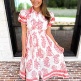 Red Paisley Midi Dress-500 Midi-ENTRO-July & June Women's Fashion Boutique Located in San Antonio, Texas
