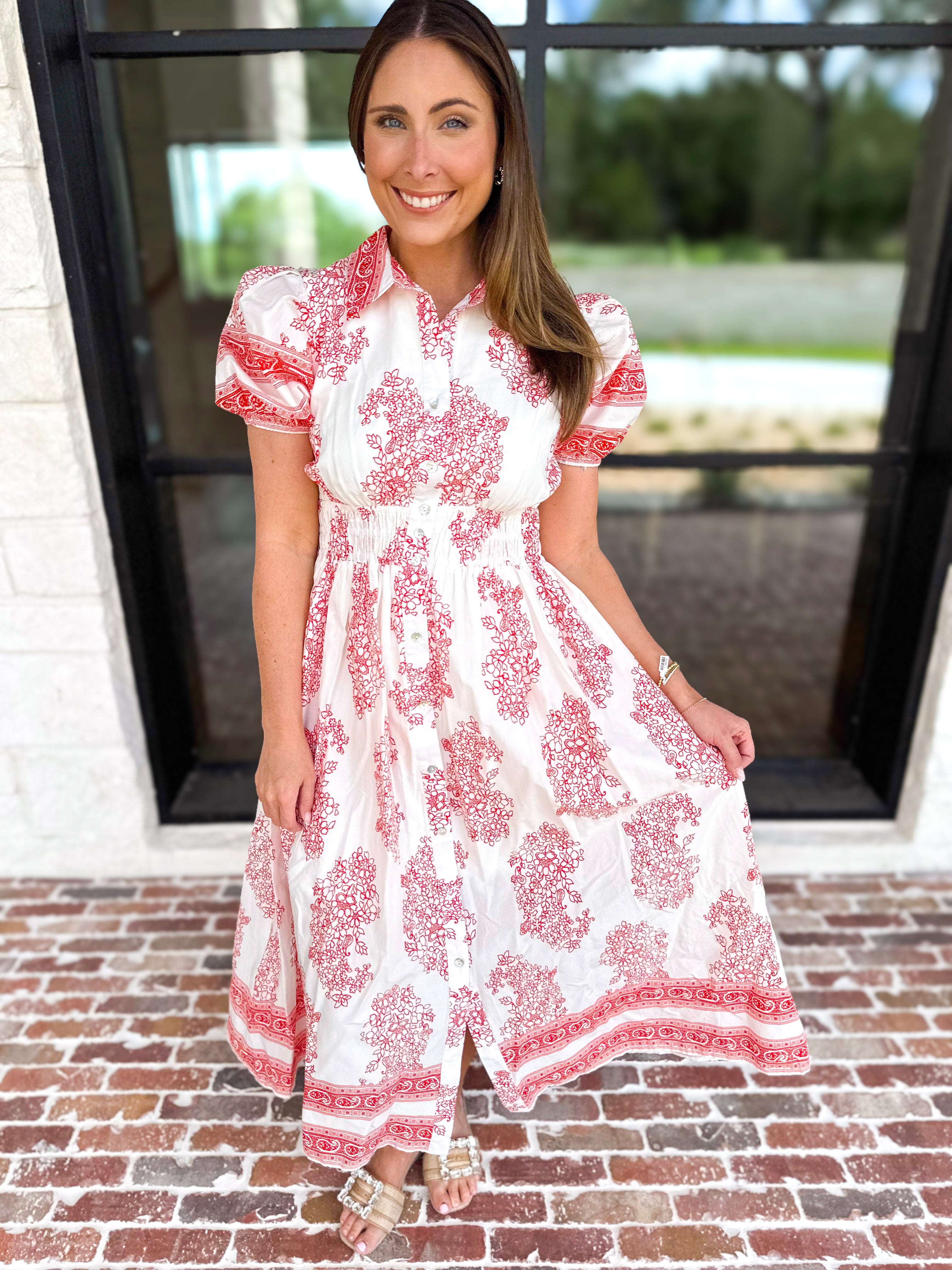 Red Paisley Midi Dress-500 Midi-ENTRO-July & June Women's Fashion Boutique Located in San Antonio, Texas