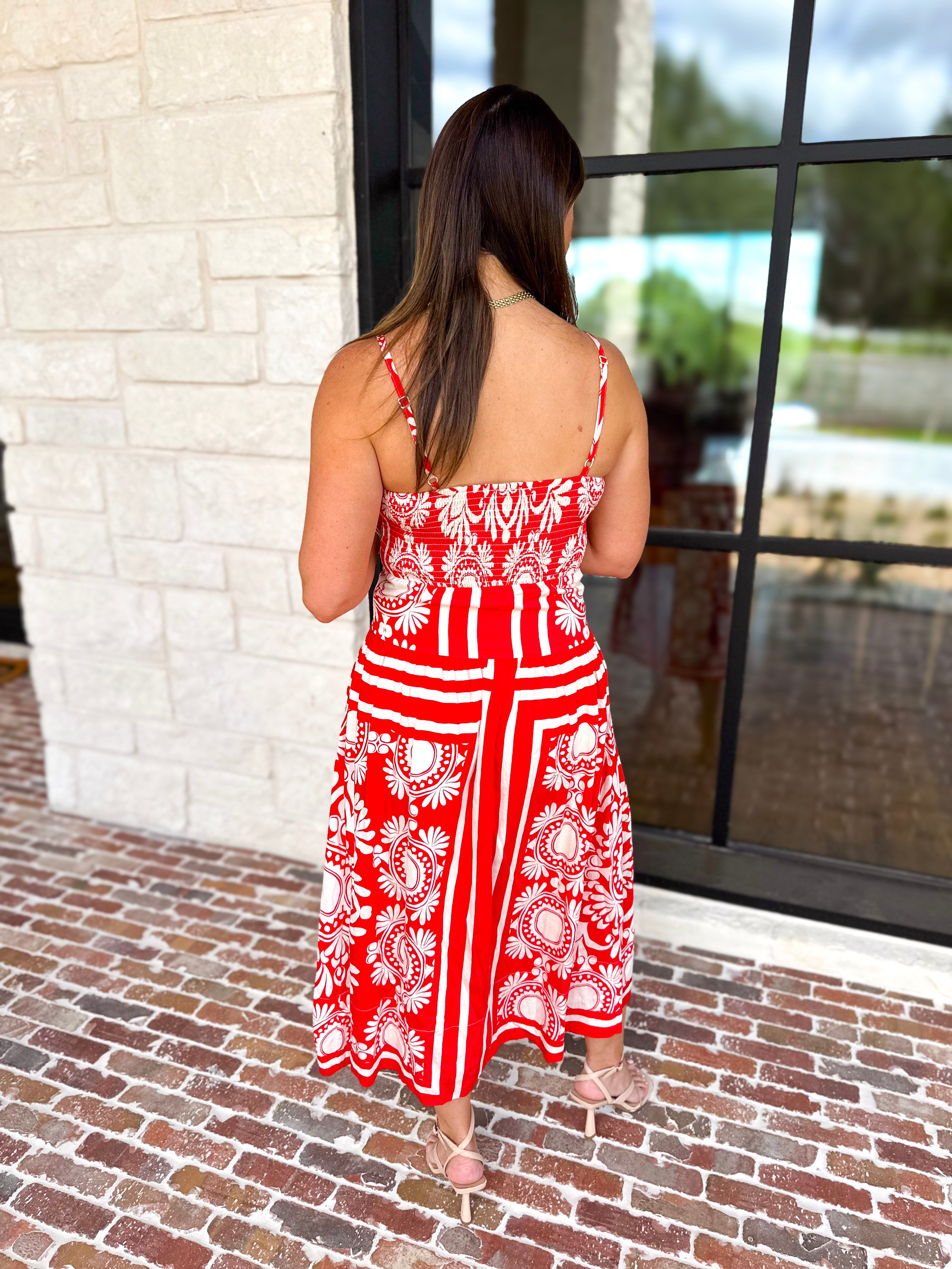 Red Sunburst Midi Dress-500 Midi-FATE-July & June Women's Fashion Boutique Located in San Antonio, Texas