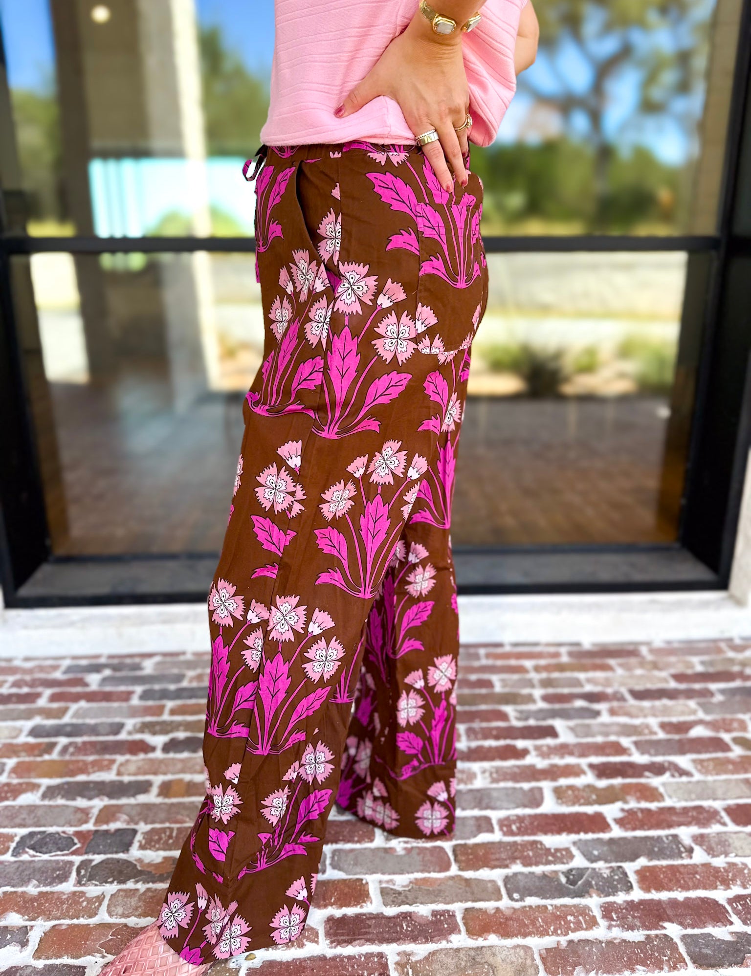 Pink & Chocolate Floral Drawstring Pants-400 Pants-TCEC-July & June Women's Fashion Boutique Located in San Antonio, Texas