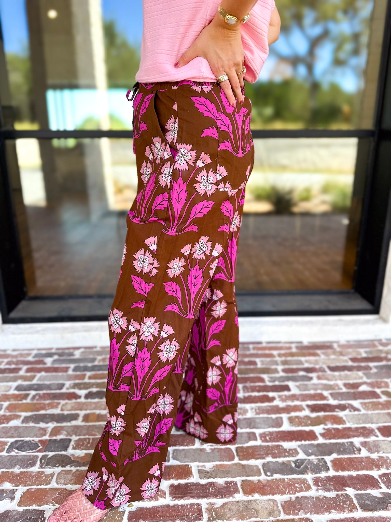 Pink & Chocolate Floral Drawstring Pants-400 Pants-TCEC-July & June Women's Fashion Boutique Located in San Antonio, Texas