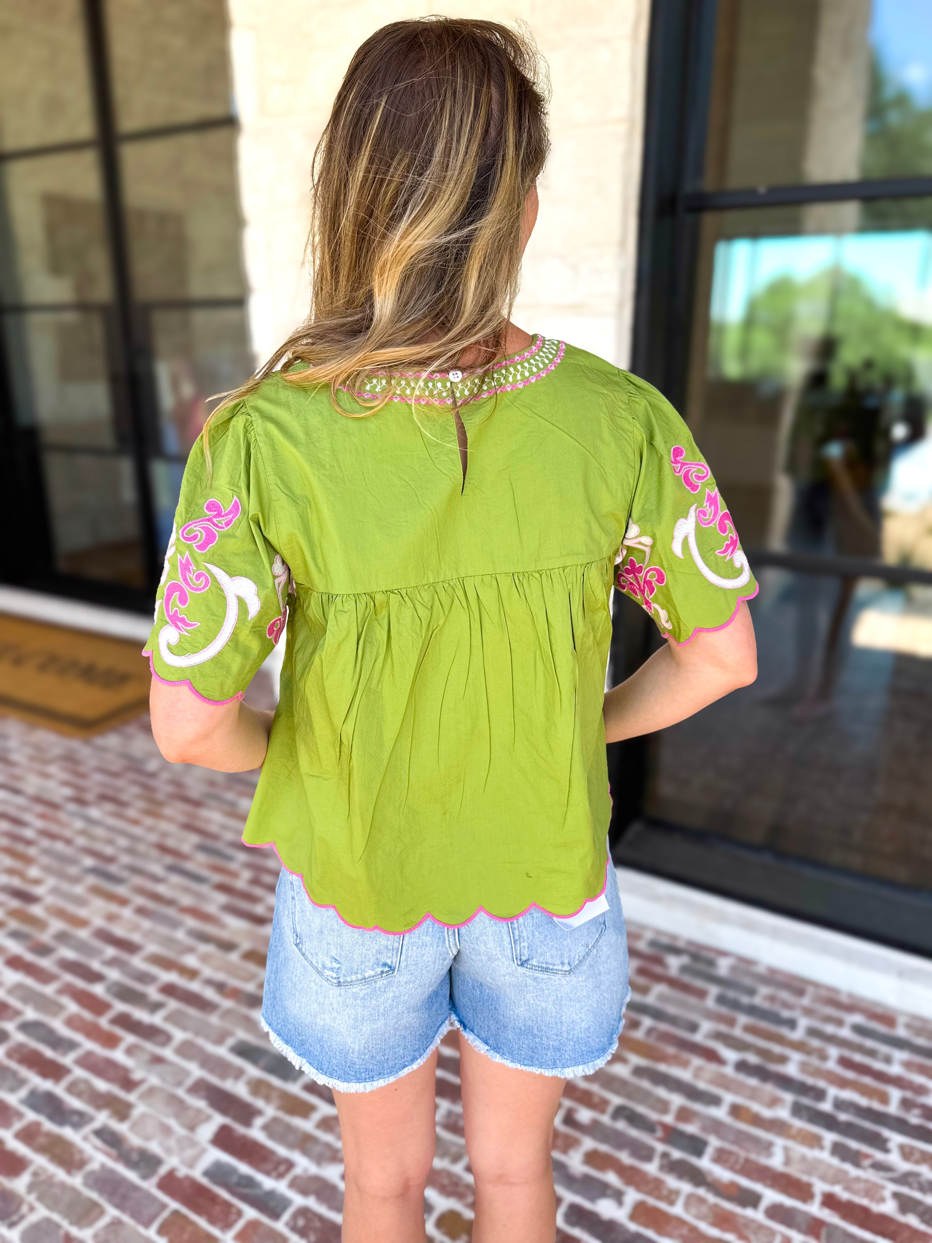 THML - Scalloped Sweetheart Blouse - Chartreuse-200 Fashion Blouses-THML-July & June Women's Fashion Boutique Located in San Antonio, Texas