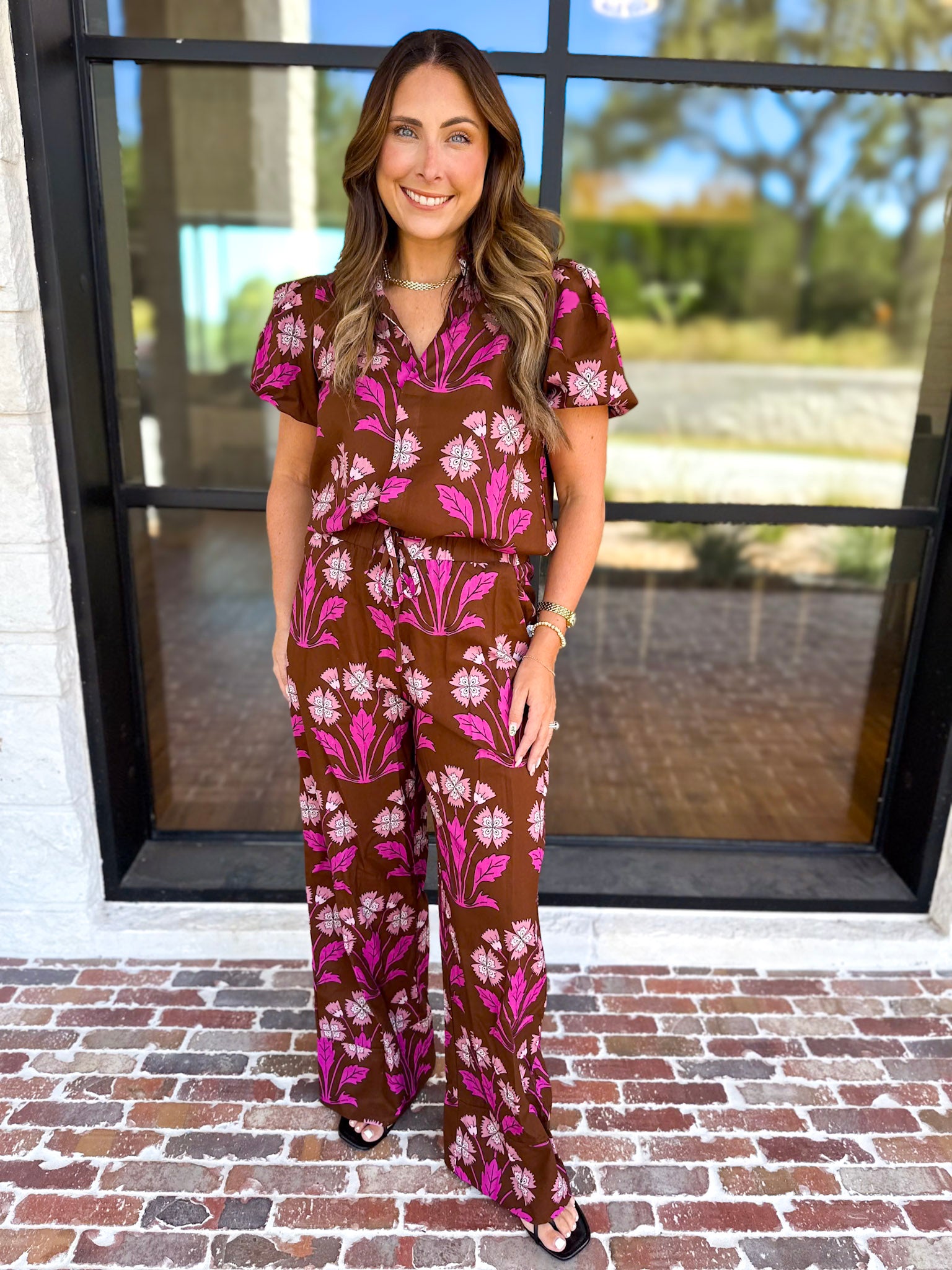 Pink & Chocolate Floral Blouse-200 Fashion Blouses-TCEC-July & June Women's Fashion Boutique Located in San Antonio, Texas