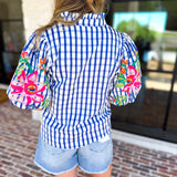 THML - Blue Gingham & Floral Embroidered Blouse-200 Fashion Blouses-THML-July & June Women's Fashion Boutique Located in San Antonio, Texas