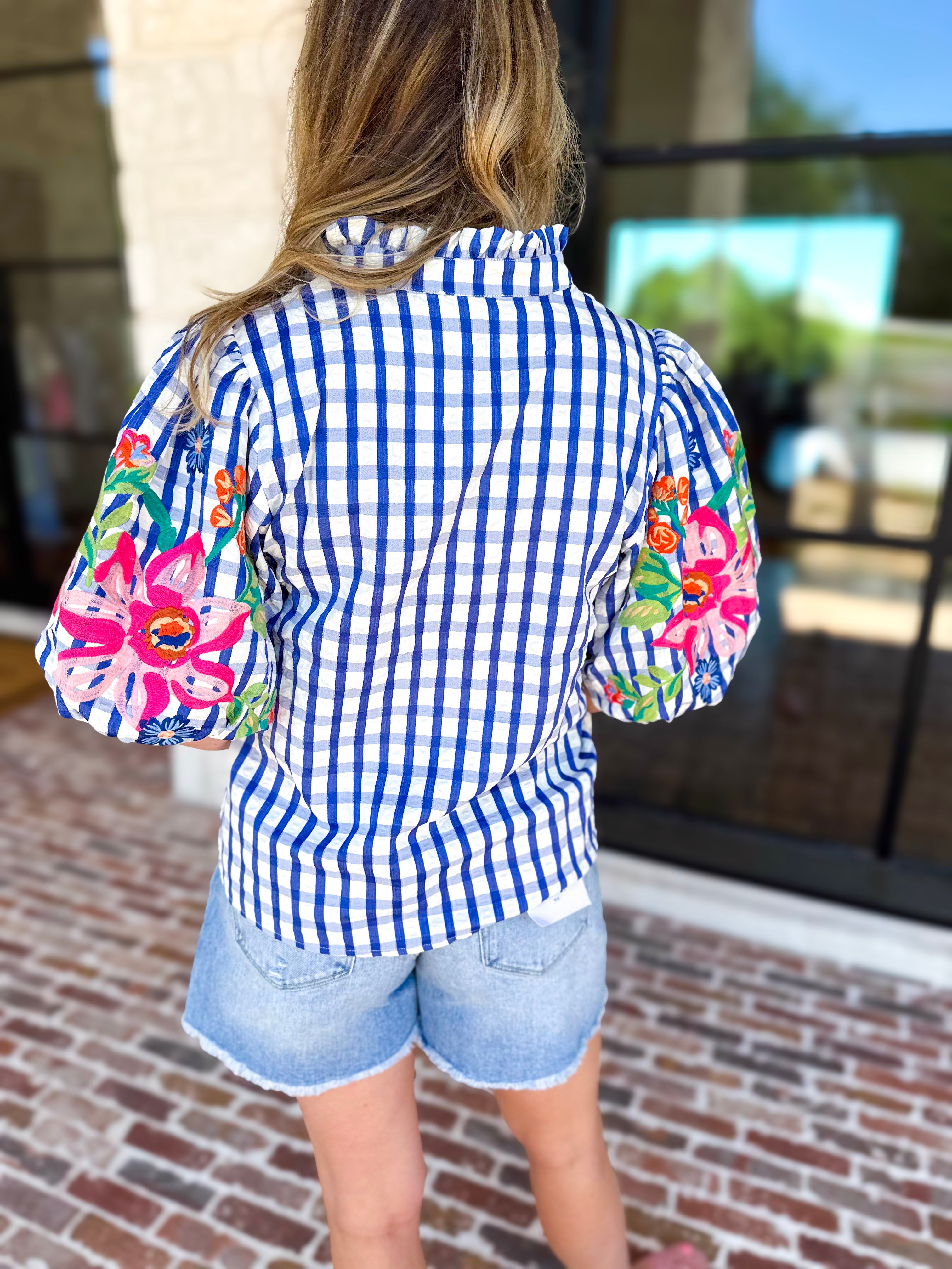 THML - Blue Gingham & Floral Embroidered Blouse-200 Fashion Blouses-THML-July & June Women's Fashion Boutique Located in San Antonio, Texas
