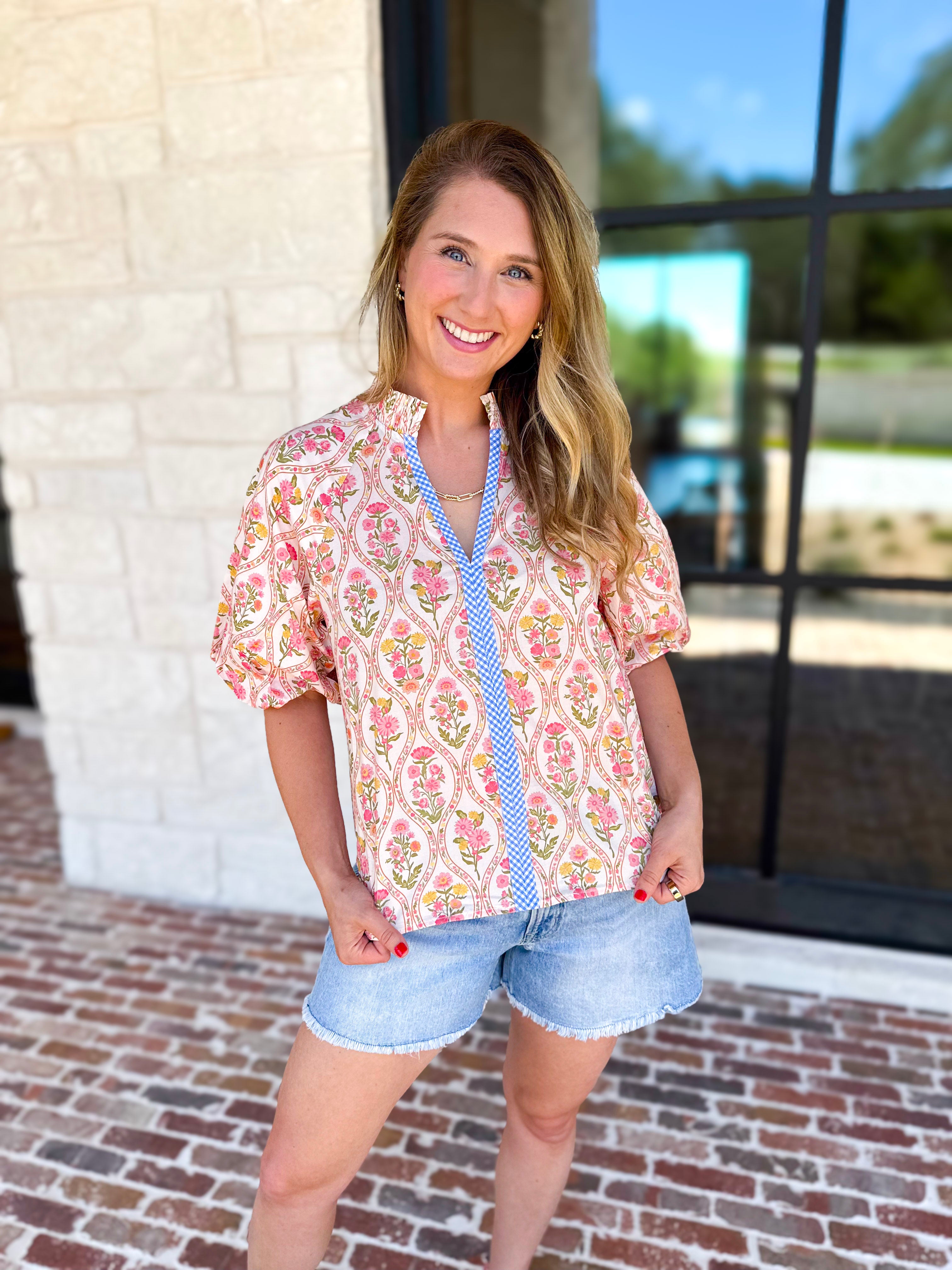 THML - Pink & Yellow Florals Blouse-200 Fashion Blouses-THML-July & June Women's Fashion Boutique Located in San Antonio, Texas