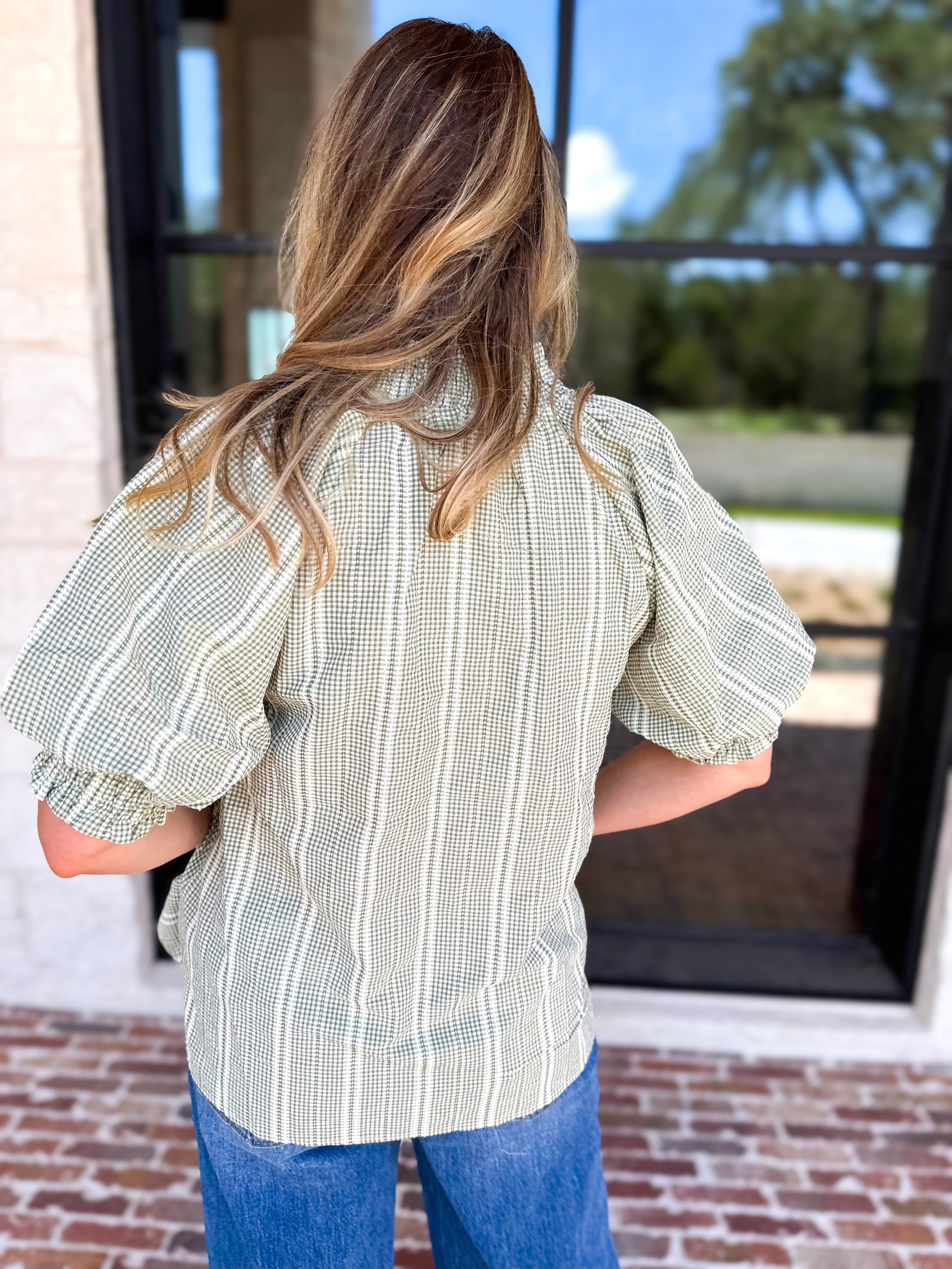 Sage Picnic Blouse-200 Fashion Blouses-JODIFL-July & June Women's Fashion Boutique Located in San Antonio, Texas