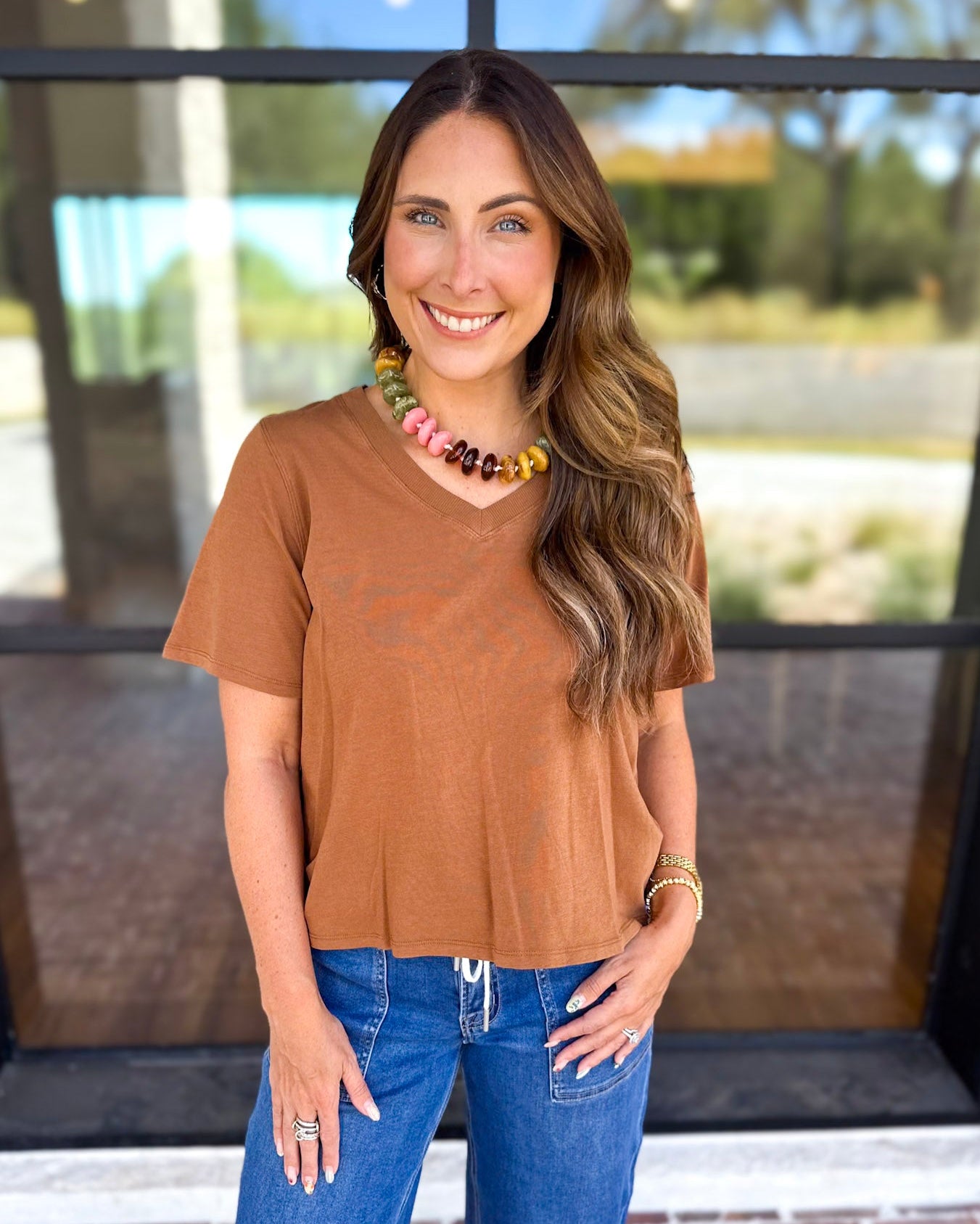 Everyday Essential V-Neck Tee - Honey-210 Casual Blouses-MONO B-July & June Women's Fashion Boutique Located in San Antonio, Texas