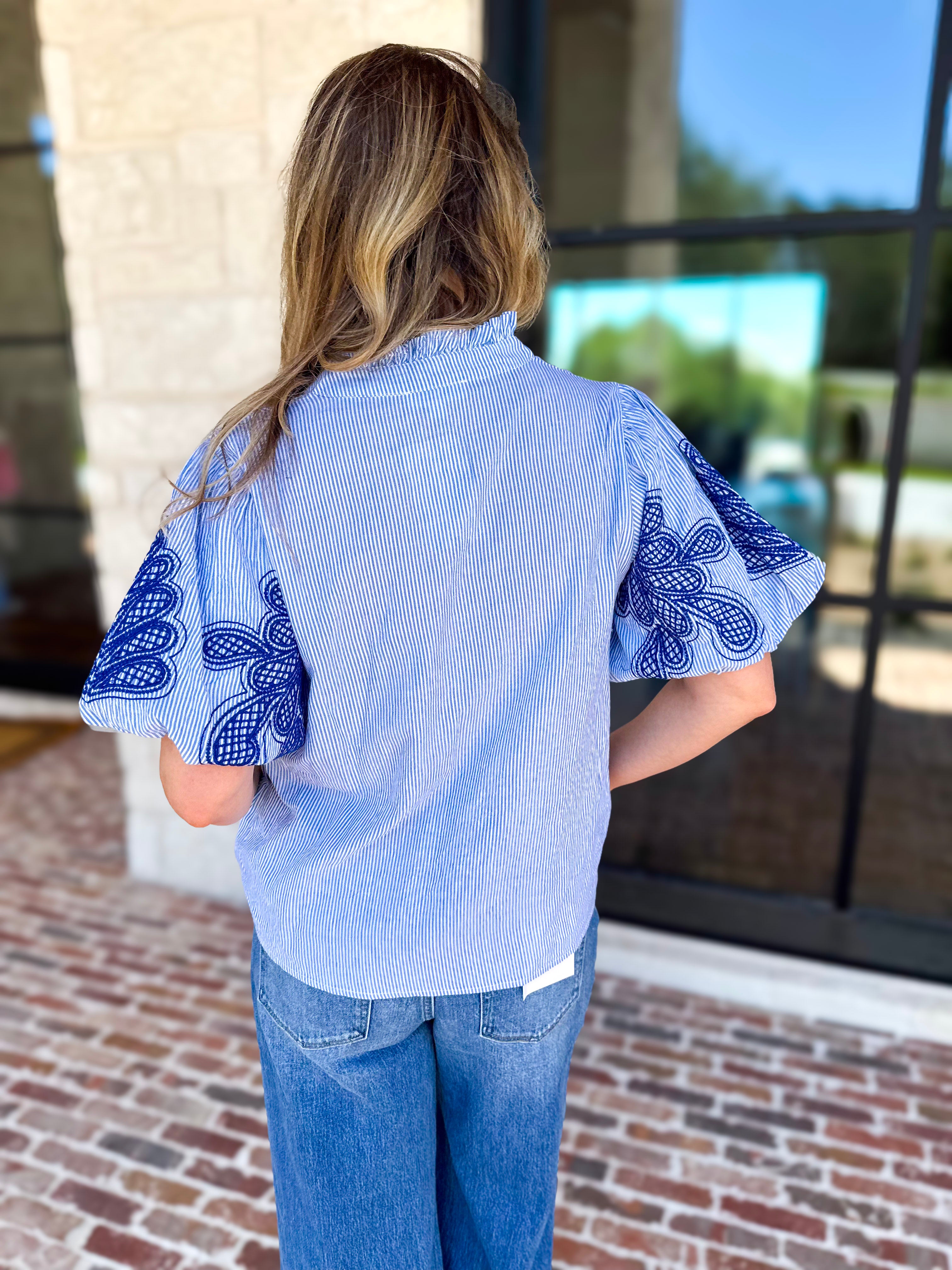 THML - Classic Blue Embroidered Blouse-200 Fashion Blouses-THML-July & June Women's Fashion Boutique Located in San Antonio, Texas