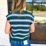 Green & Blue Varsity Short Sleeve Cardigan-230 Sweaters/Cardis-ENTRO-July & June Women's Fashion Boutique Located in San Antonio, Texas