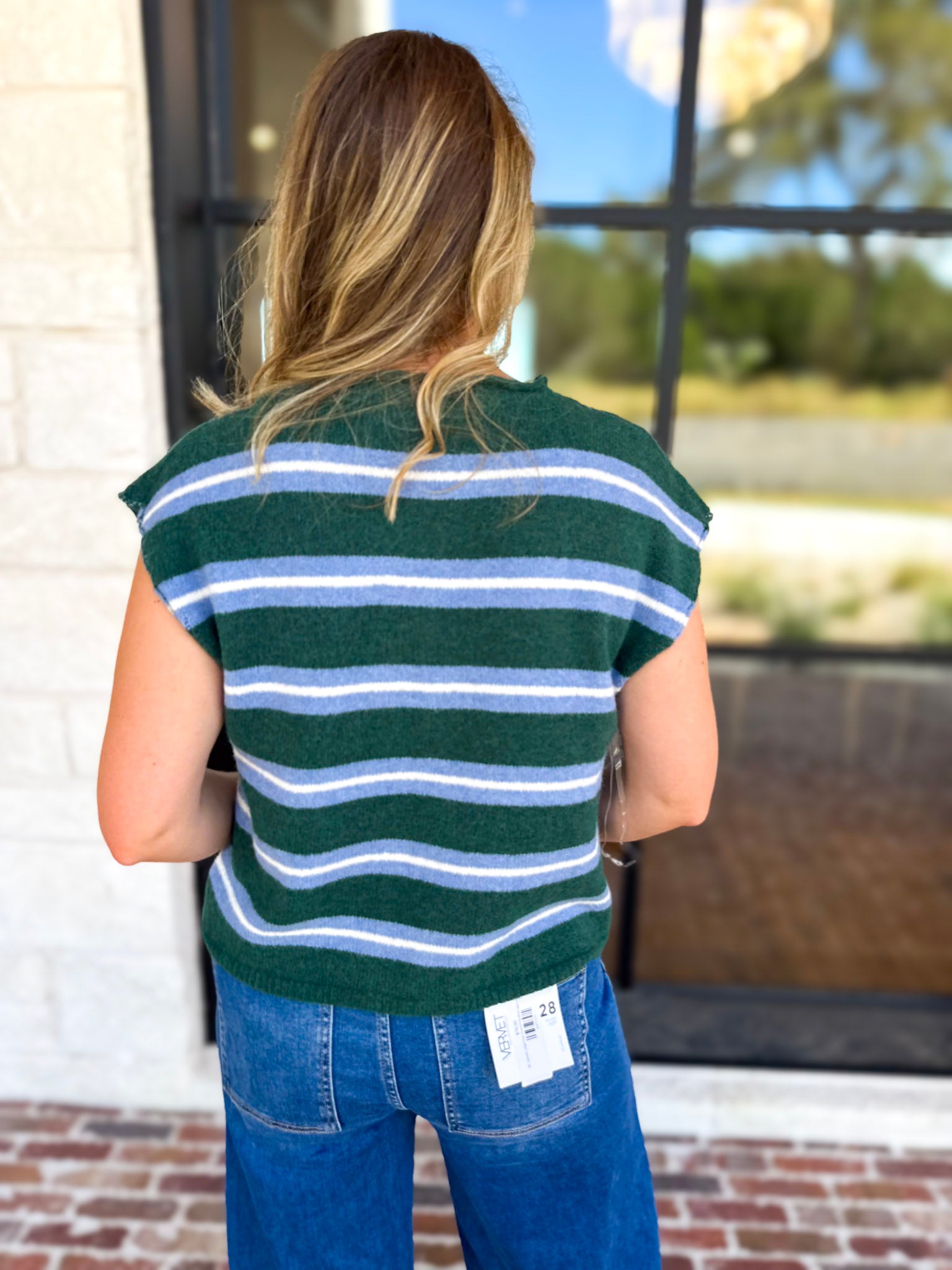 Green & Blue Varsity Short Sleeve Cardigan-230 Sweaters/Cardis-ENTRO-July & June Women's Fashion Boutique Located in San Antonio, Texas