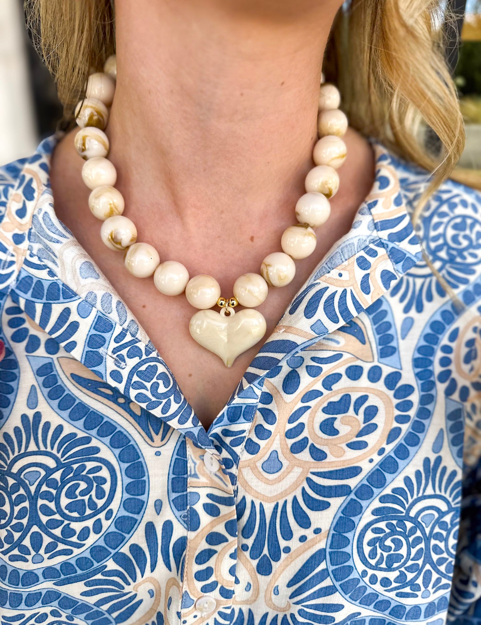 Kaiden Heart Beaded Necklace - Cream-130 Accessories-Gemelli-July & June Women's Fashion Boutique Located in San Antonio, Texas