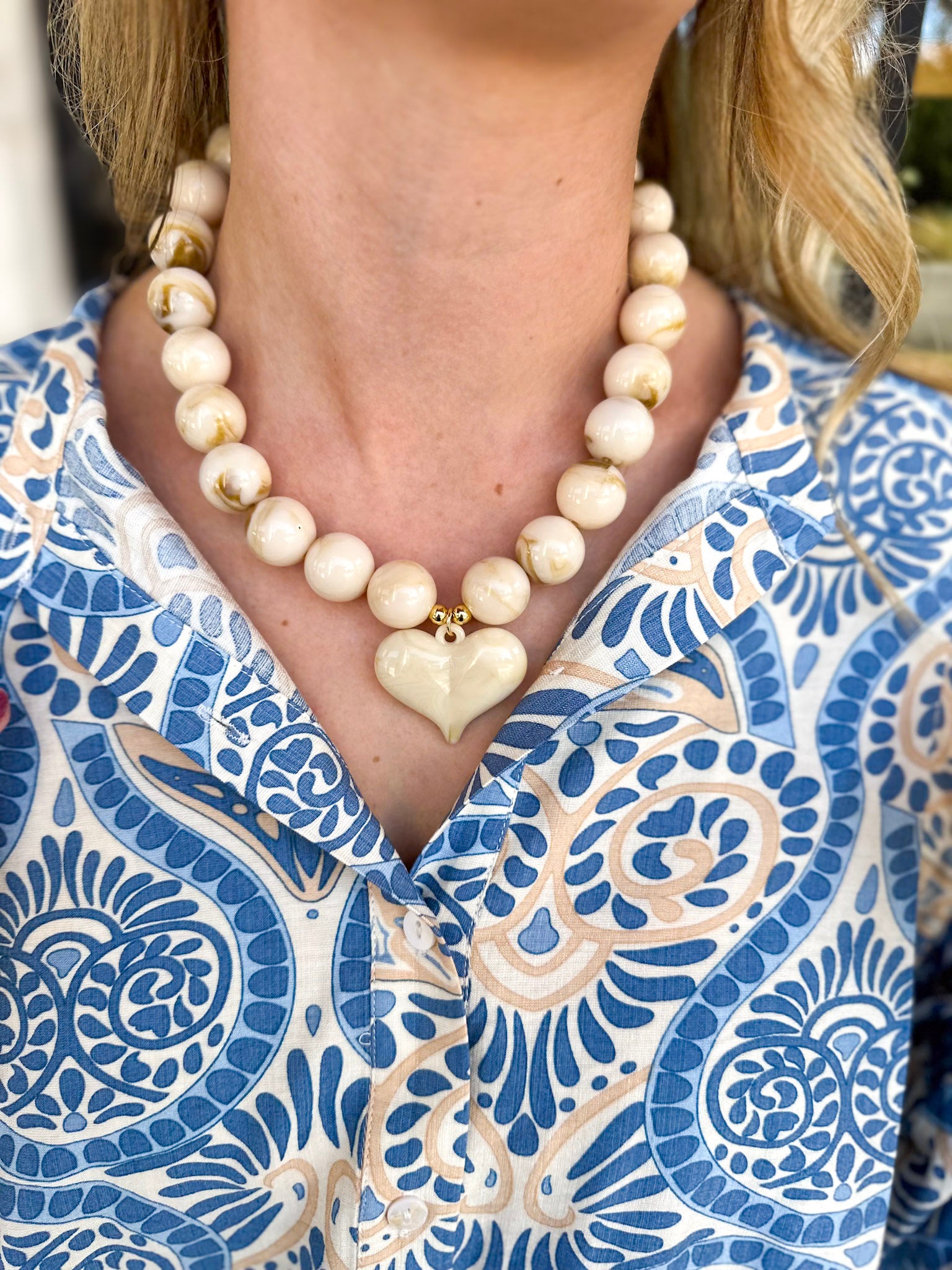 Kaiden Heart Beaded Necklace - Cream-130 Accessories-Gemelli-July & June Women's Fashion Boutique Located in San Antonio, Texas